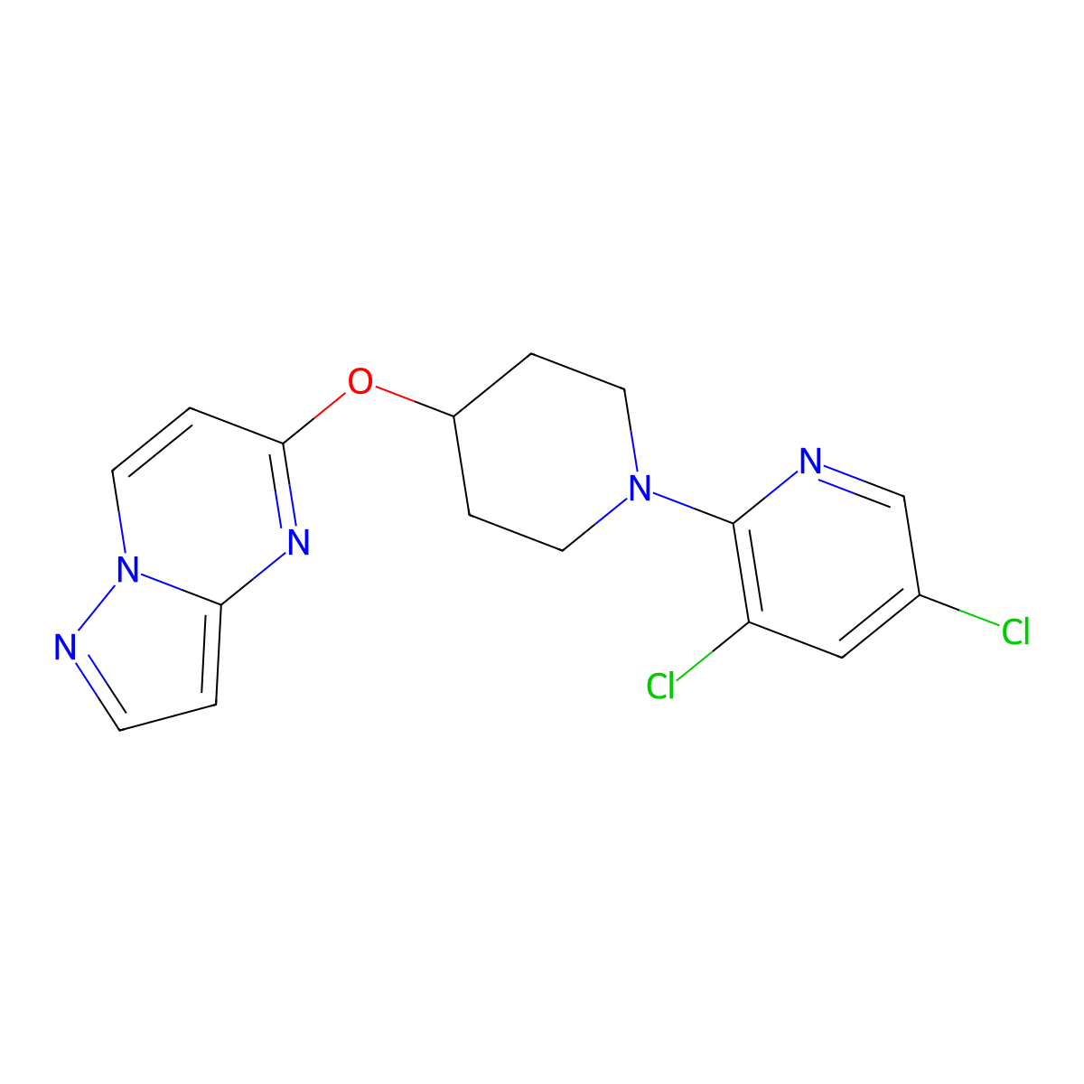 3,5-Dichloro-2-(4-{pyrazolo[1,5-a]pyrimidin-5-yloxy}piperidin-1-yl)pyridine molecular structure, CAS 2770589-12-1