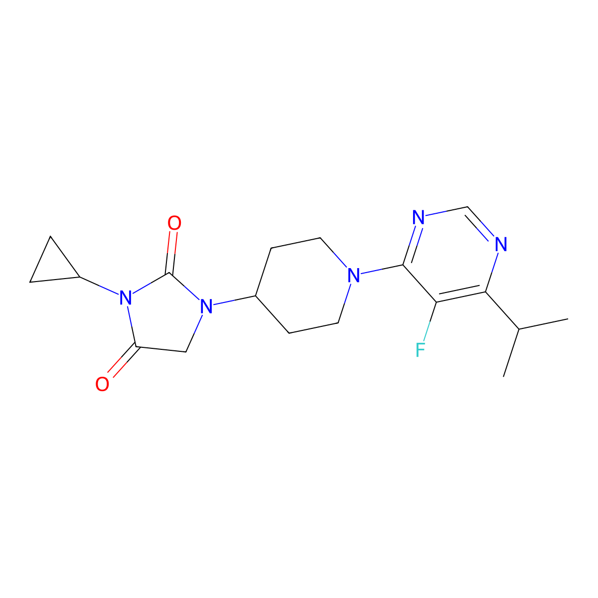 3-Cyclopropyl-1-{1-[5-fluoro-6-(propan-2-yl)pyrimidin-4-yl]piperidin-4-yl}imidazolidine-2,4-dione molecular structure, CAS 2770589-13-2