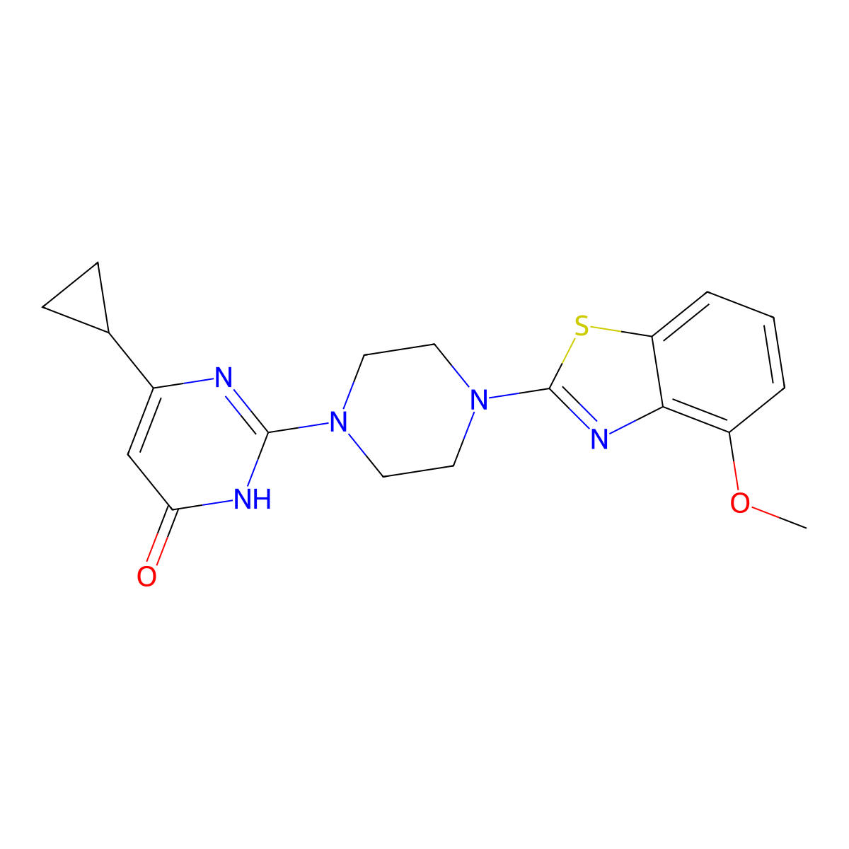 6-Cyclopropyl-2-[4-(4-methoxy-1,3-benzothiazol-2-yl)piperazin-1-yl]-3,4-dihydropyrimidin-4-one molecular structure, CAS 2770589-15-4