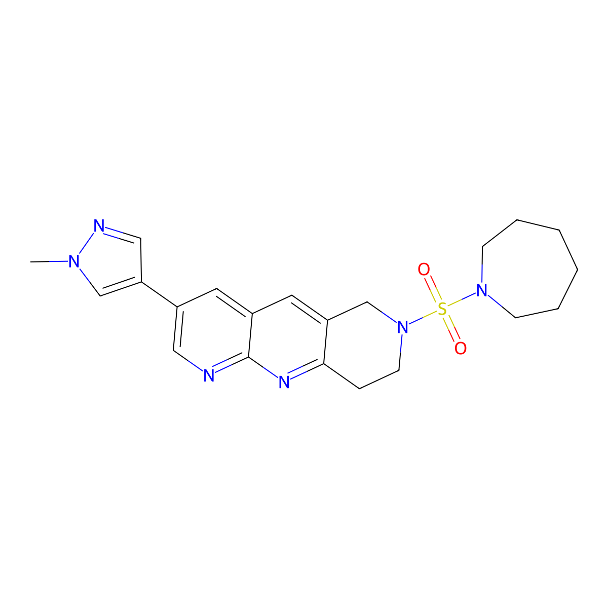 1-{[3-(1-methyl-1H-pyrazol-4-yl)-6H,7H,8H,9H-pyrido[2,3-b]1,6-naphthyridin-7-yl]sulfonyl}azepane molecular structure, CAS 2770589-35-8