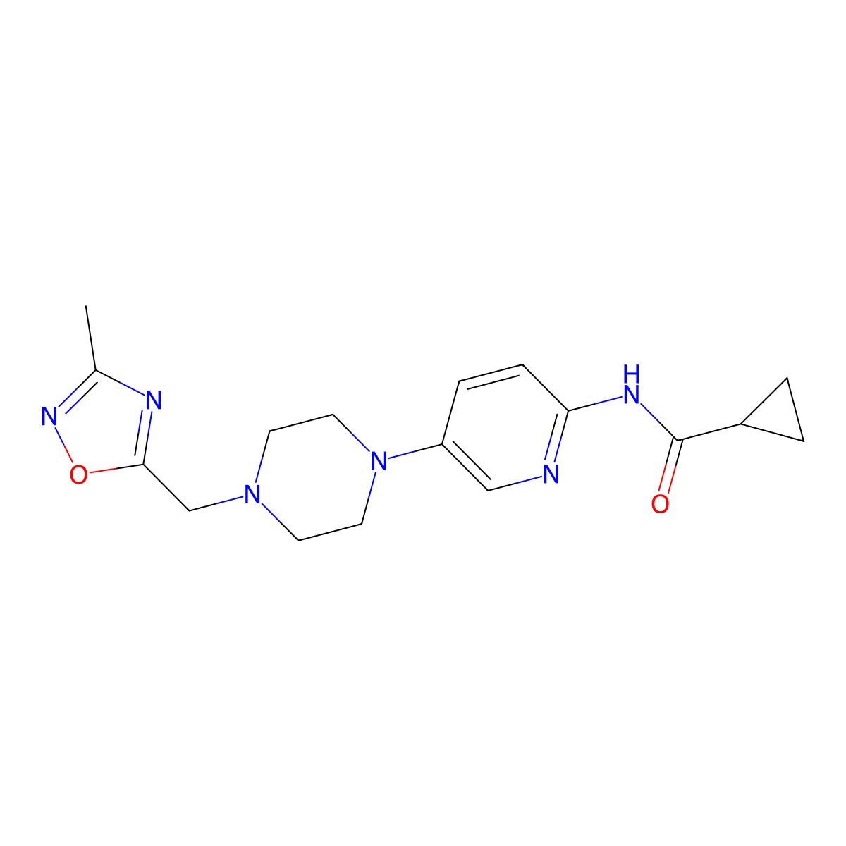 N-(5-{4-[(3-methyl-1,2,4-oxadiazol-5-yl)methyl]piperazin-1-yl}pyridin-2-yl)cyclopropanecarboxamide molecular structure, CAS 2770589-46-1