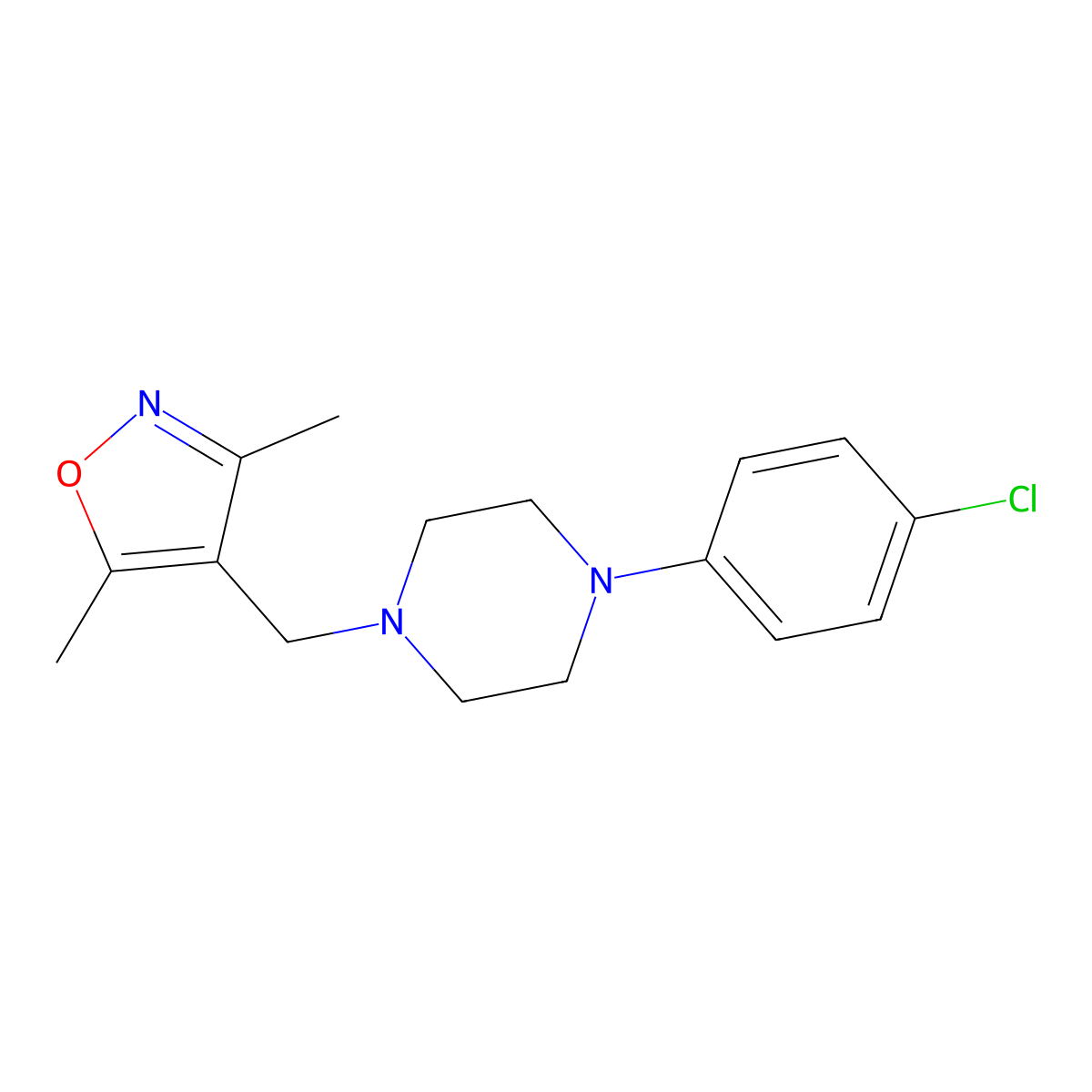 1-(4-Chlorophenyl)-4-[(3,5-dimethyl-1,2-oxazol-4-yl)methyl]piperazine molecular structure, CAS 2770589-64-3
