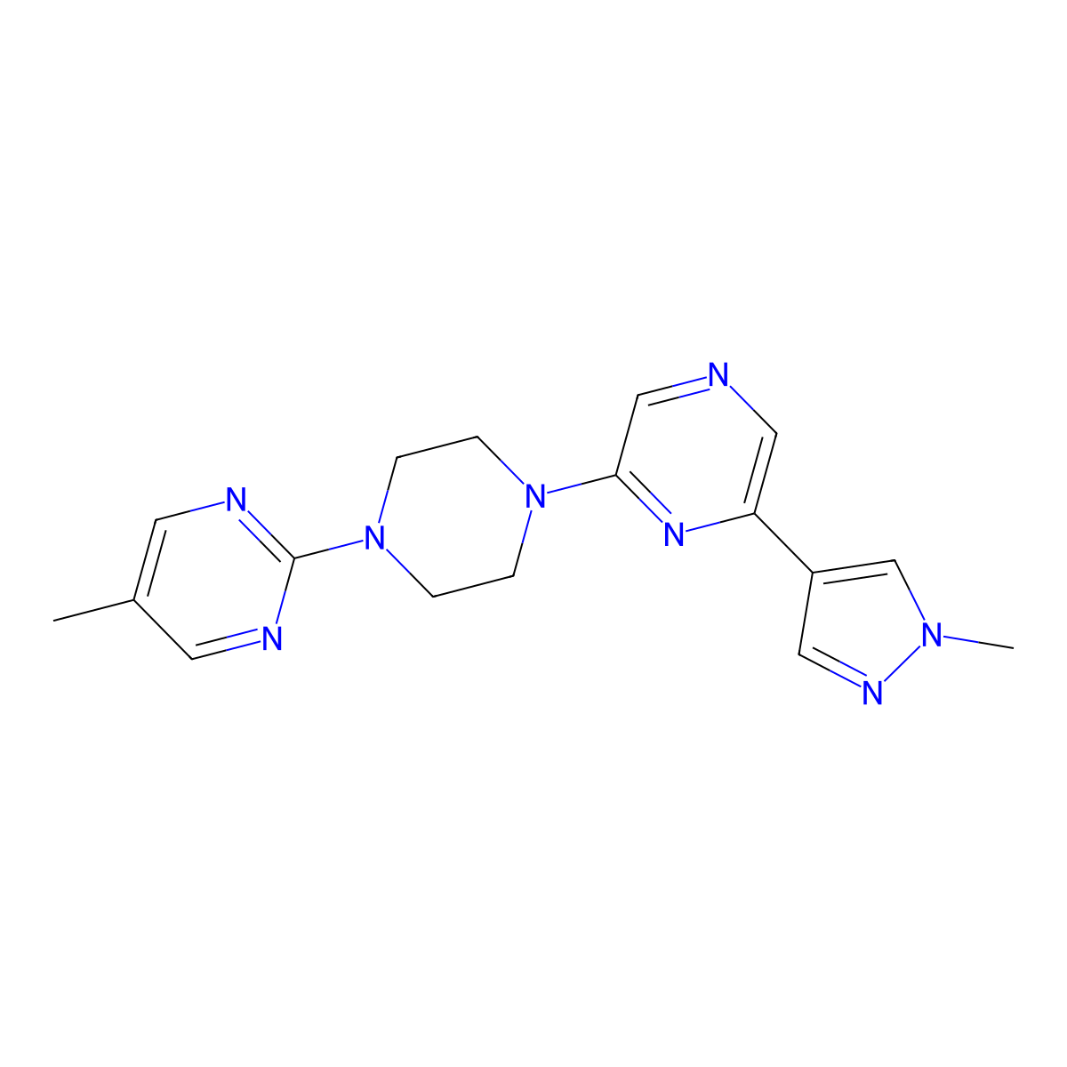 2-(1-methyl-1H-pyrazol-4-yl)-6-[4-(5-methylpyrimidin-2-yl)piperazin-1-yl]pyrazine molecular structure, CAS 2770589-66-5