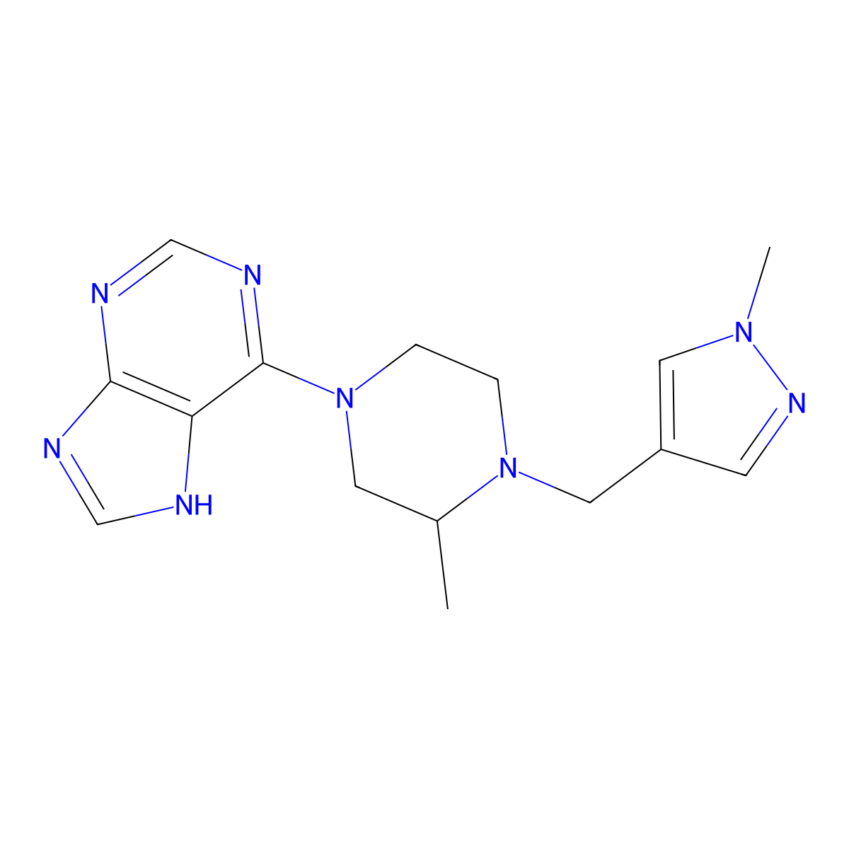 6-{3-methyl-4-[(1-methyl-1H-pyrazol-4-yl)methyl]piperazin-1-yl}-9H-purine molecular structure, CAS 2770589-68-7