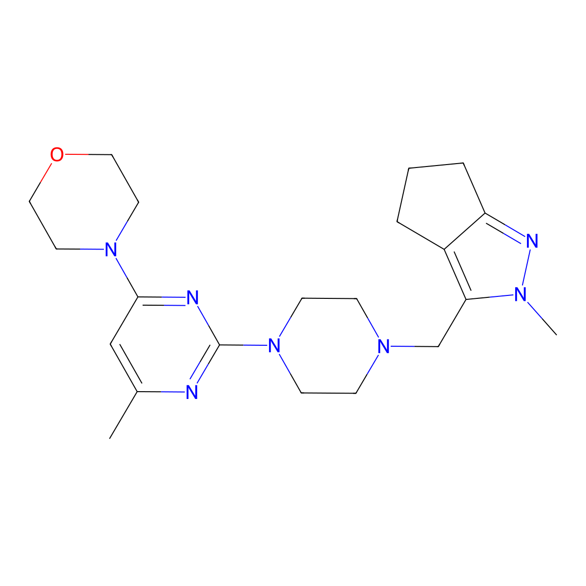 4-{6-methyl-2-[4-({2-methyl-2H,4H,5H,6H-cyclopenta[c]pyrazol-3-yl}methyl)piperazin-1-yl]pyrimidin-4-yl}morpholine molecular structure, CAS 2770589-69-8