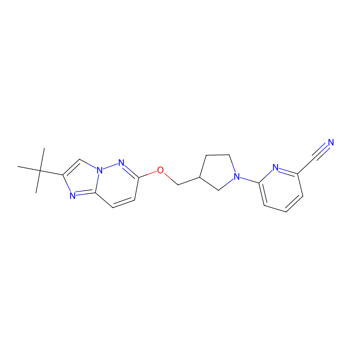 6-{3-[({2-Tert-butylimidazo[1,2-b]pyridazin-6-yl}oxy)methyl]pyrrolidin-1-yl}pyridine-2-carbonitrile molecular structure, CAS 2770589-77-8