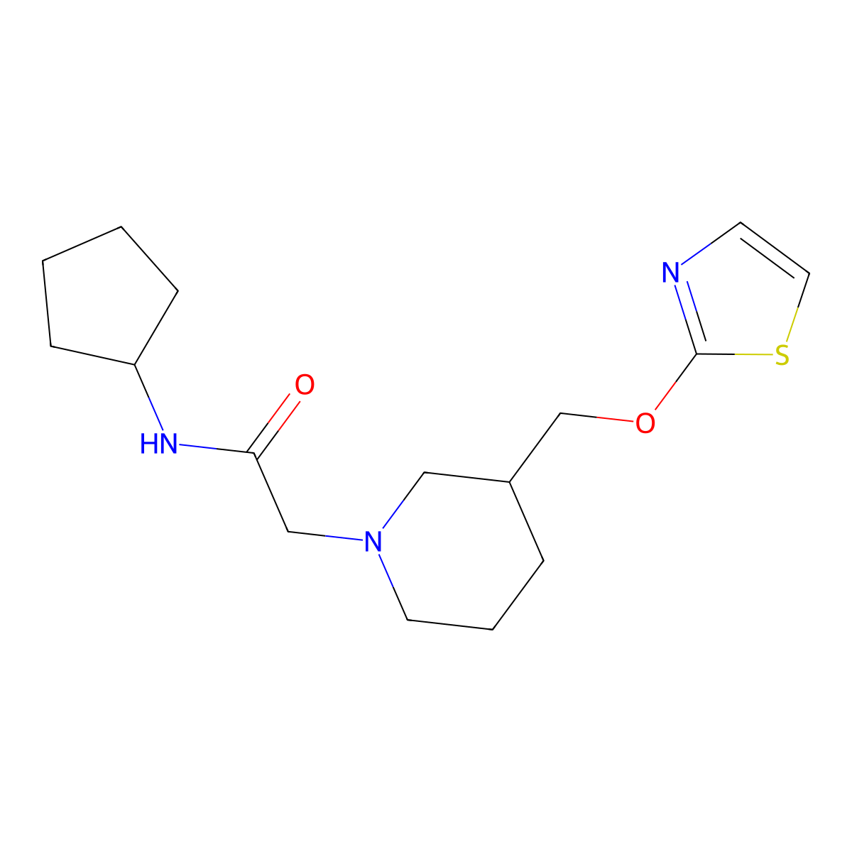 N-cyclopentyl-2-{3-[(1,3-thiazol-2-yloxy)methyl]piperidin-1-yl}acetamide molecular structure, CAS 2770589-87-0