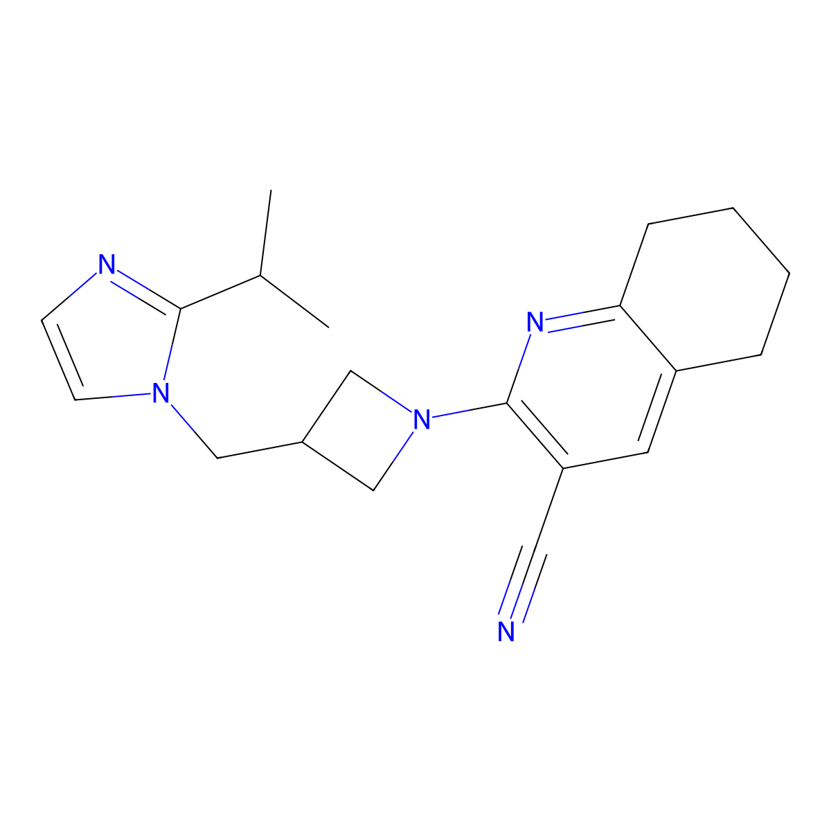 2-(3-{[2-(propan-2-yl)-1H-imidazol-1-yl]methyl}azetidin-1-yl)-5,6,7,8-tetrahydroquinoline-3-carbonitrile molecular structure, CAS 2770589-92-7