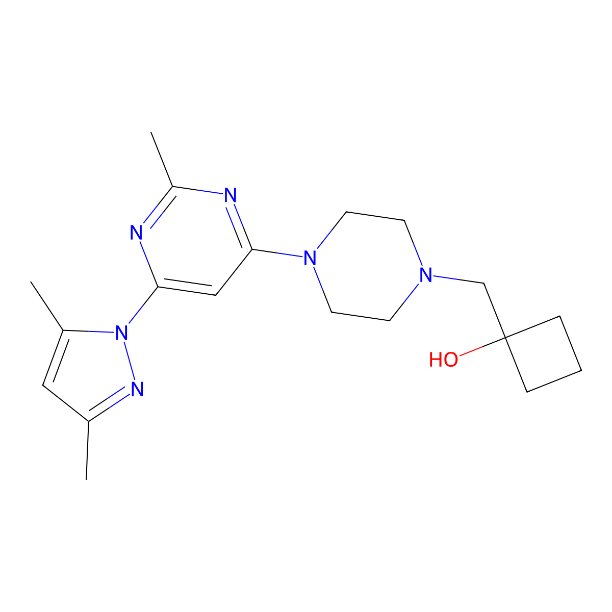 1-({4-[6-(3,5-dimethyl-1H-pyrazol-1-yl)-2-methylpyrimidin-4-yl]piperazin-1-yl}methyl)cyclobutan-1-ol molecular structure, CAS 2770589-98-3