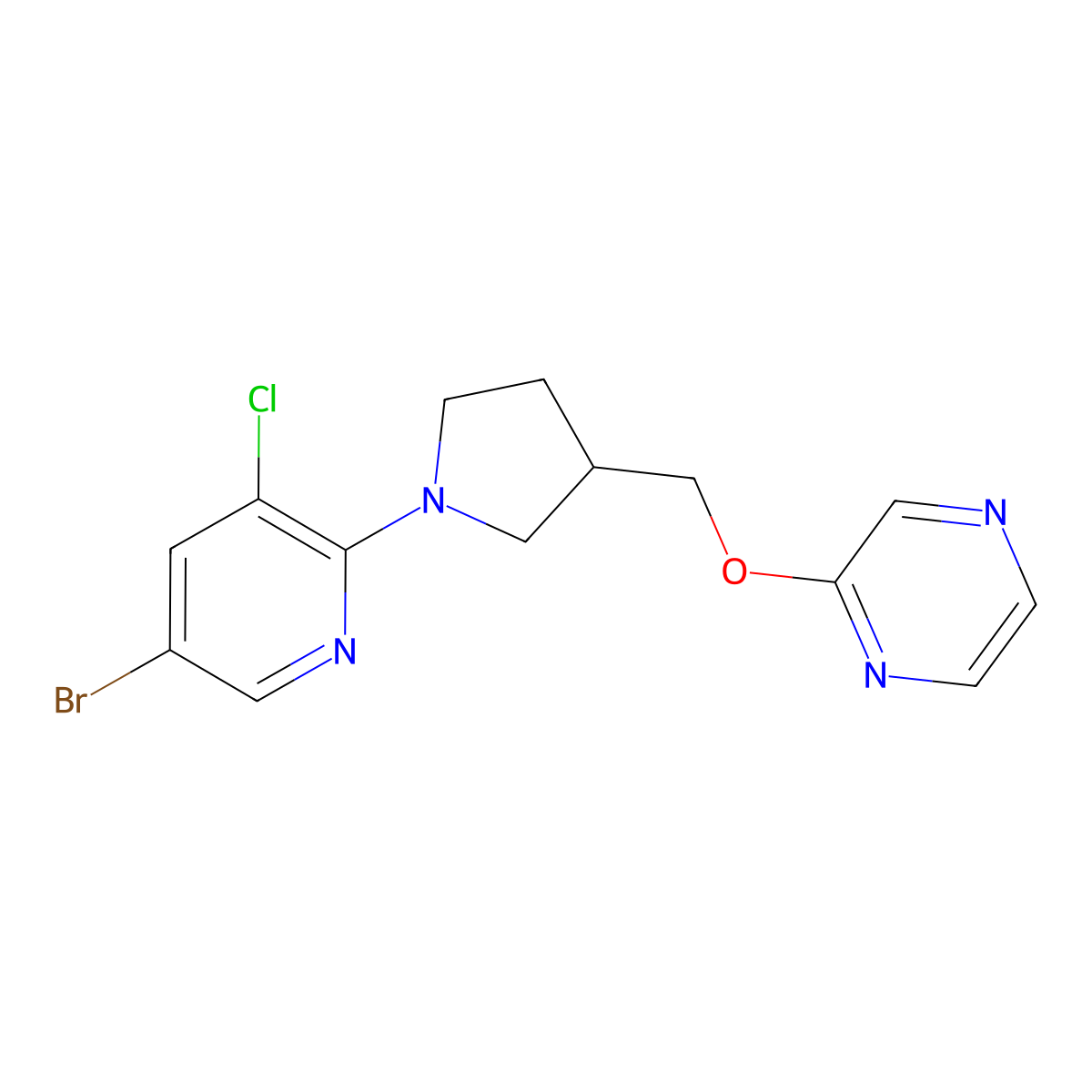 2-{[1-(5-Bromo-3-chloropyridin-2-yl)pyrrolidin-3-yl]methoxy}pyrazine molecular structure, CAS 2770589-99-4