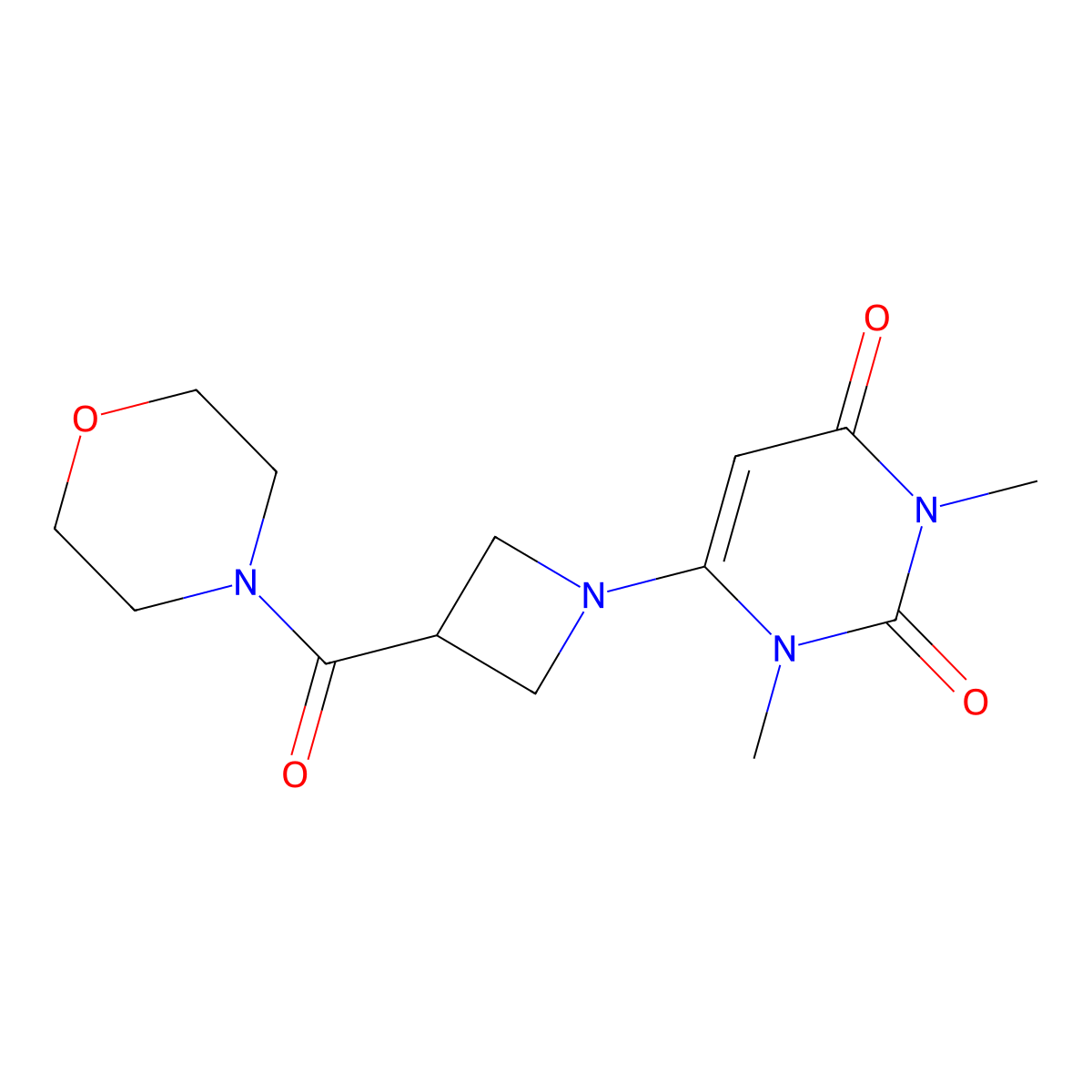 1,3-Dimethyl-6-[3-(morpholine-4-carbonyl)azetidin-1-yl]-1,2,3,4-tetrahydropyrimidine-2,4-dione molecular structure, CAS 2770590-02-6