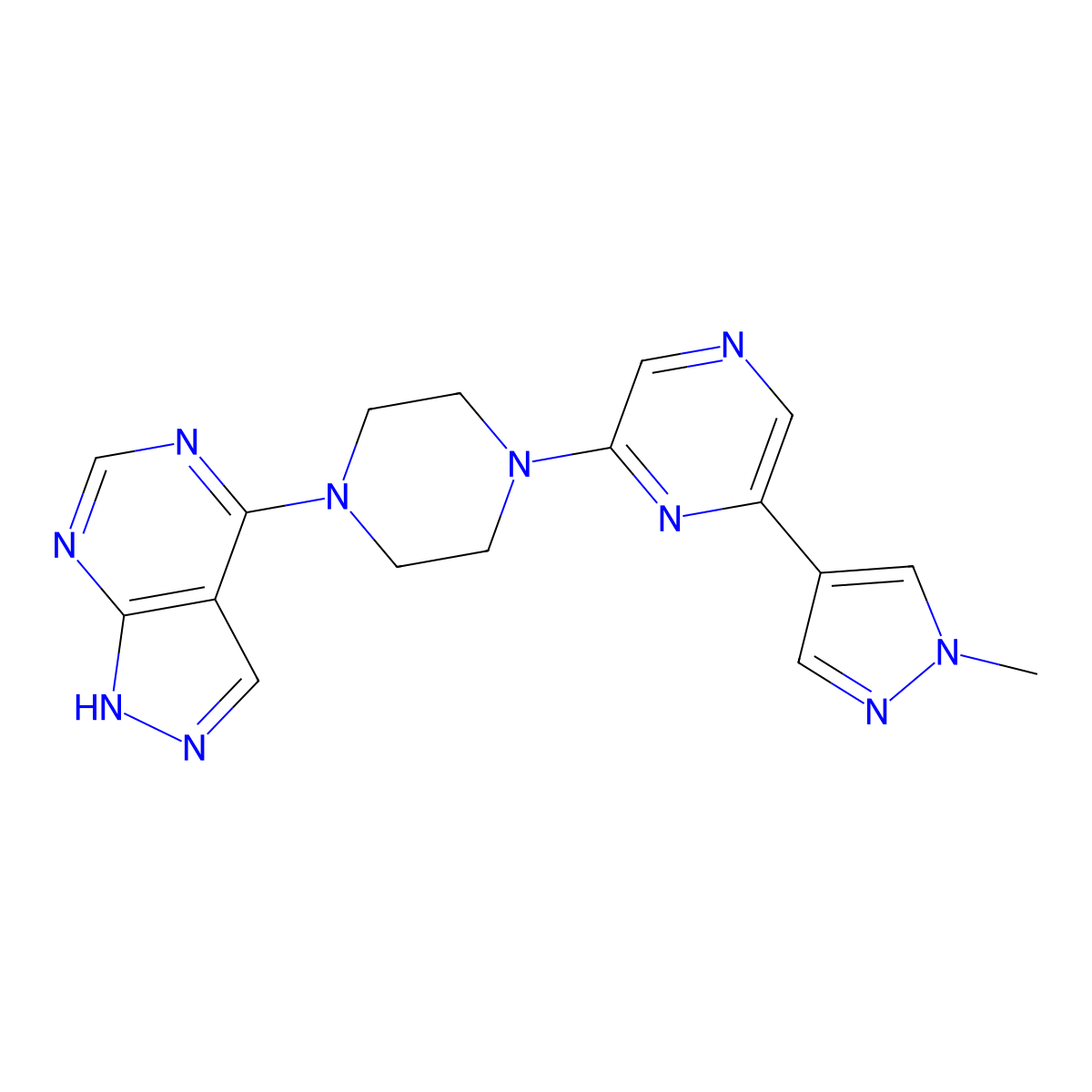 2-(1-methyl-1H-pyrazol-4-yl)-6-(4-{1H-pyrazolo[3,4-d]pyrimidin-4-yl}piperazin-1-yl)pyrazine molecular structure, CAS 2770590-03-7