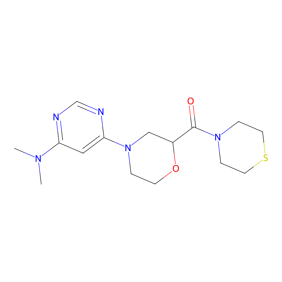 N,N-dimethyl-6-[2-(thiomorpholine-4-carbonyl)morpholin-4-yl]pyrimidin-4-amine molecular structure, CAS 2770590-14-0
