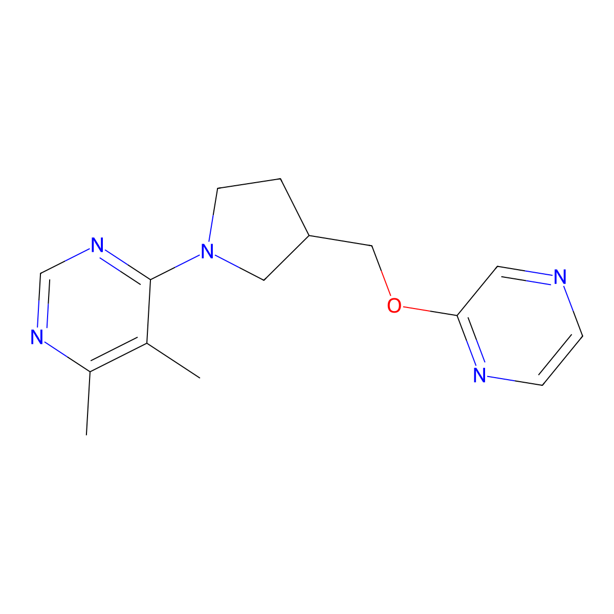 4,5-Dimethyl-6-{3-[(pyrazin-2-yloxy)methyl]pyrrolidin-1-yl}pyrimidine molecular structure, CAS 2770590-29-7