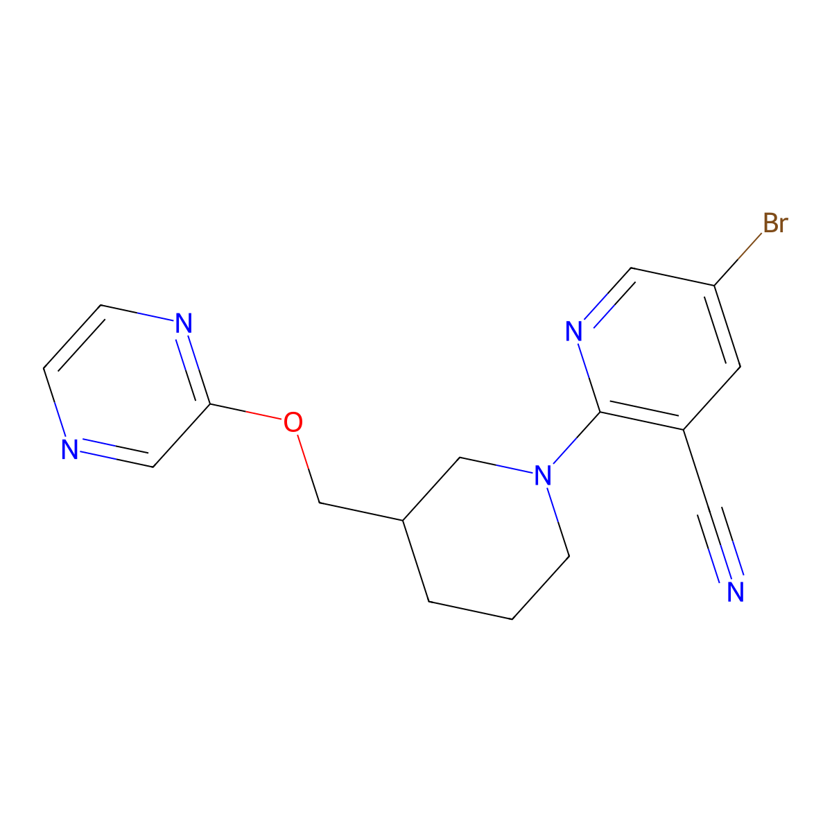 5-Bromo-2-{3-[(pyrazin-2-yloxy)methyl]piperidin-1-yl}pyridine-3-carbonitrile molecular structure, CAS 2770590-33-3