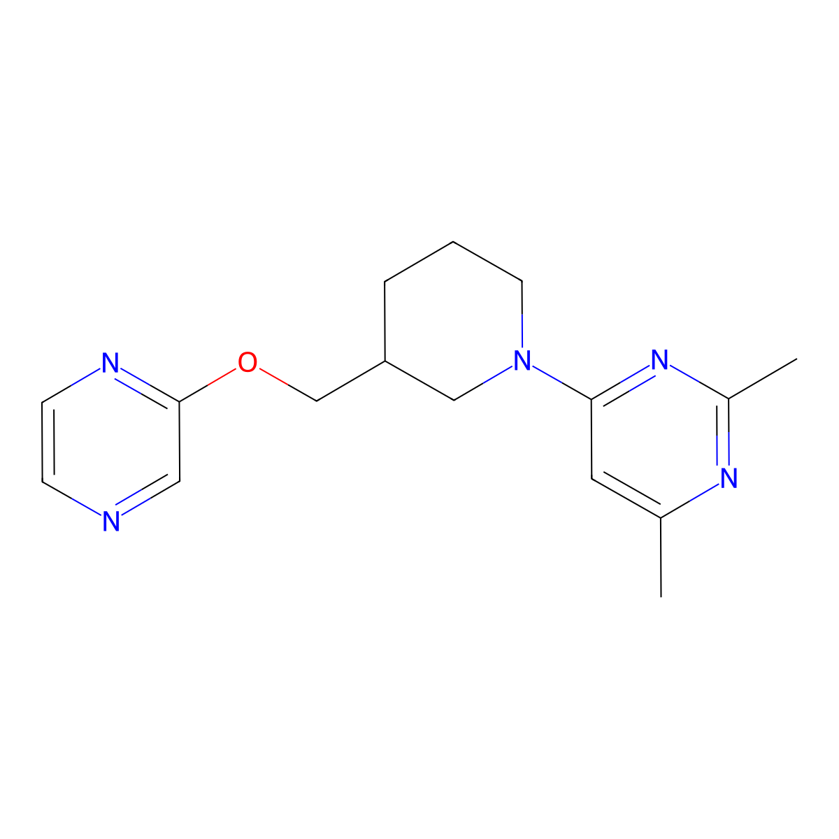2,4-Dimethyl-6-{3-[(pyrazin-2-yloxy)methyl]piperidin-1-yl}pyrimidine molecular structure, CAS 2770590-35-5