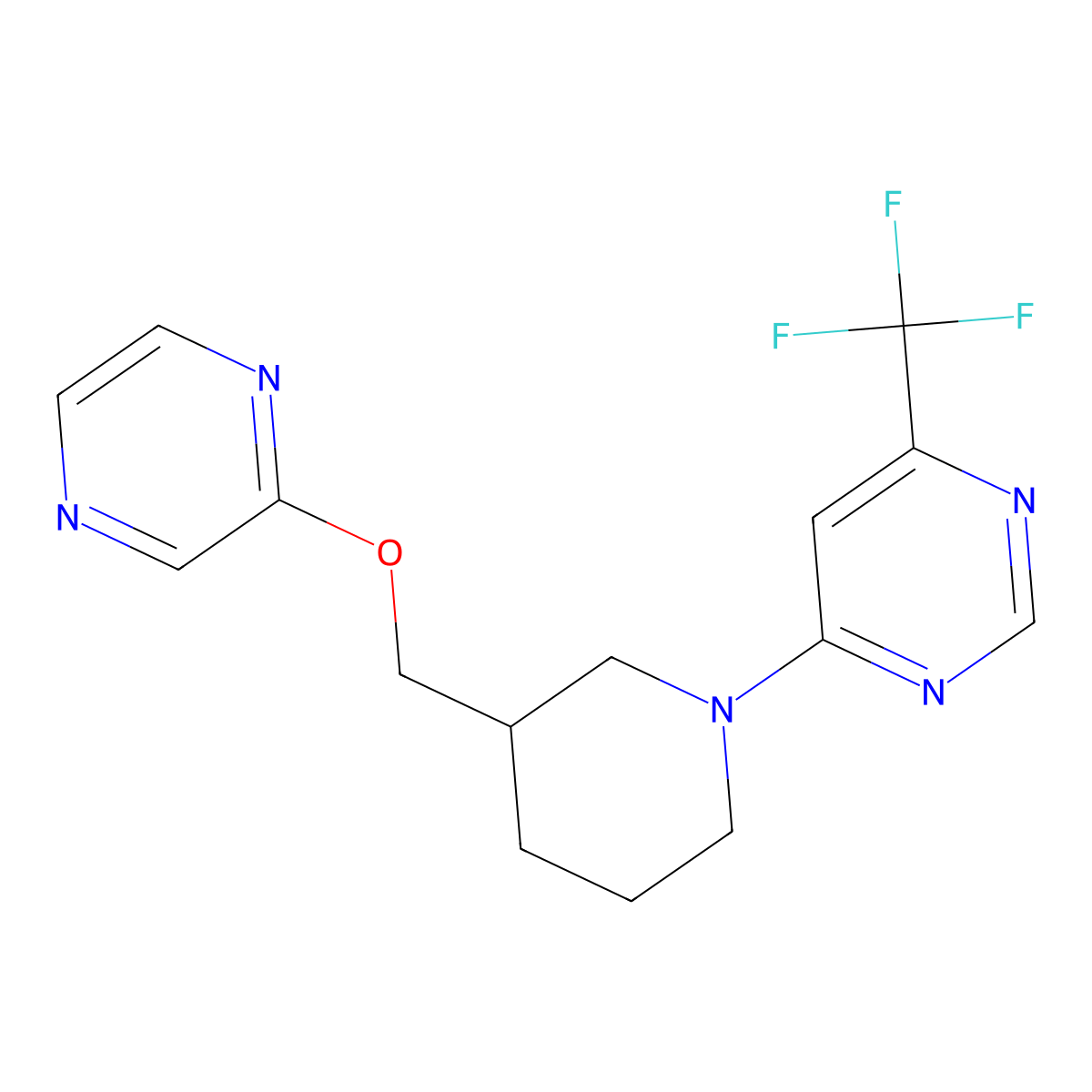 4-{3-[(Pyrazin-2-yloxy)methyl]piperidin-1-yl}-6-(trifluoromethyl)pyrimidine molecular structure, CAS 2770590-38-8