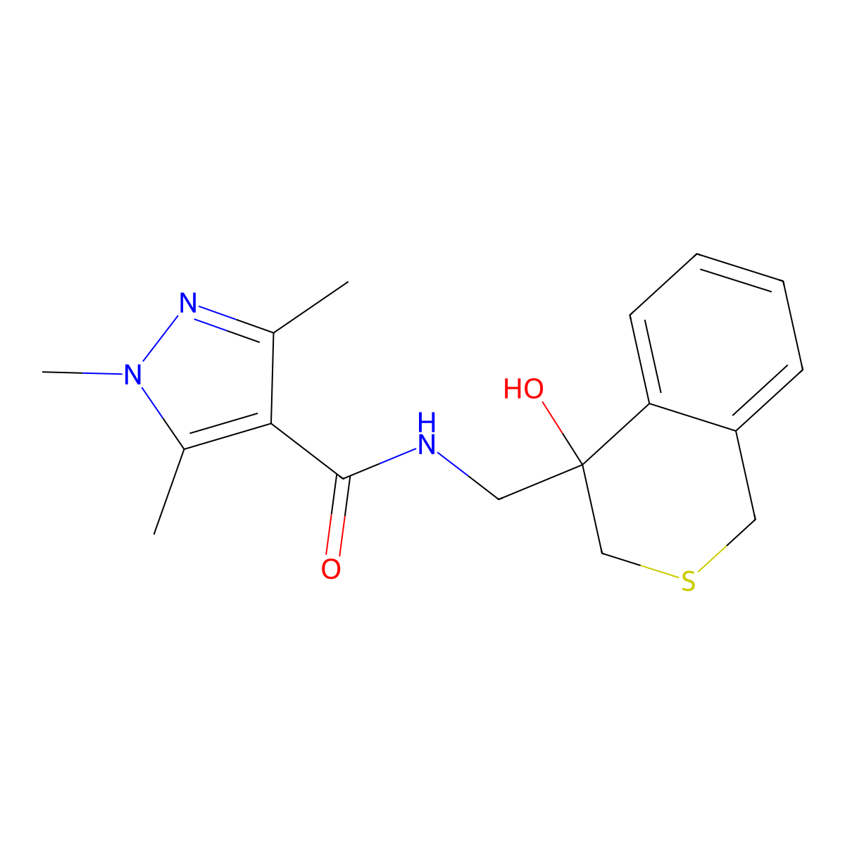 N-[(4-hydroxy-3,4-dihydro-1H-2-benzothiopyran-4-yl)methyl]-1,3,5-trimethyl-1H-pyrazole-4-carboxamide molecular structure, CAS 2770590-41-3