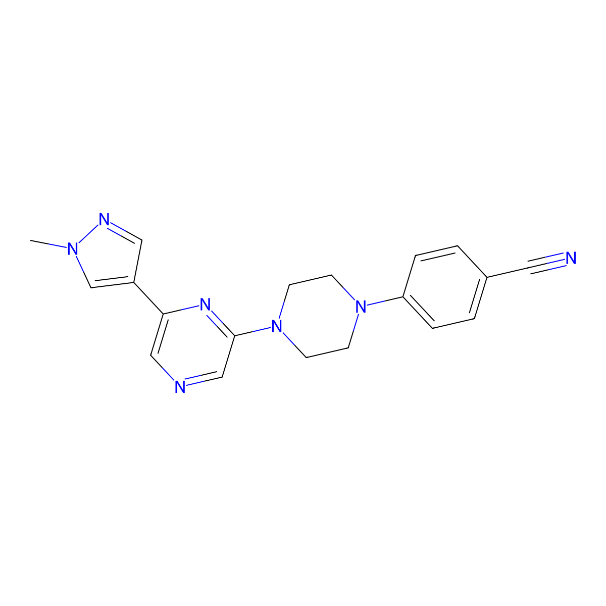 4-{4-[6-(1-methyl-1H-pyrazol-4-yl)pyrazin-2-yl]piperazin-1-yl}benzonitrile molecular structure, CAS 2770590-43-5