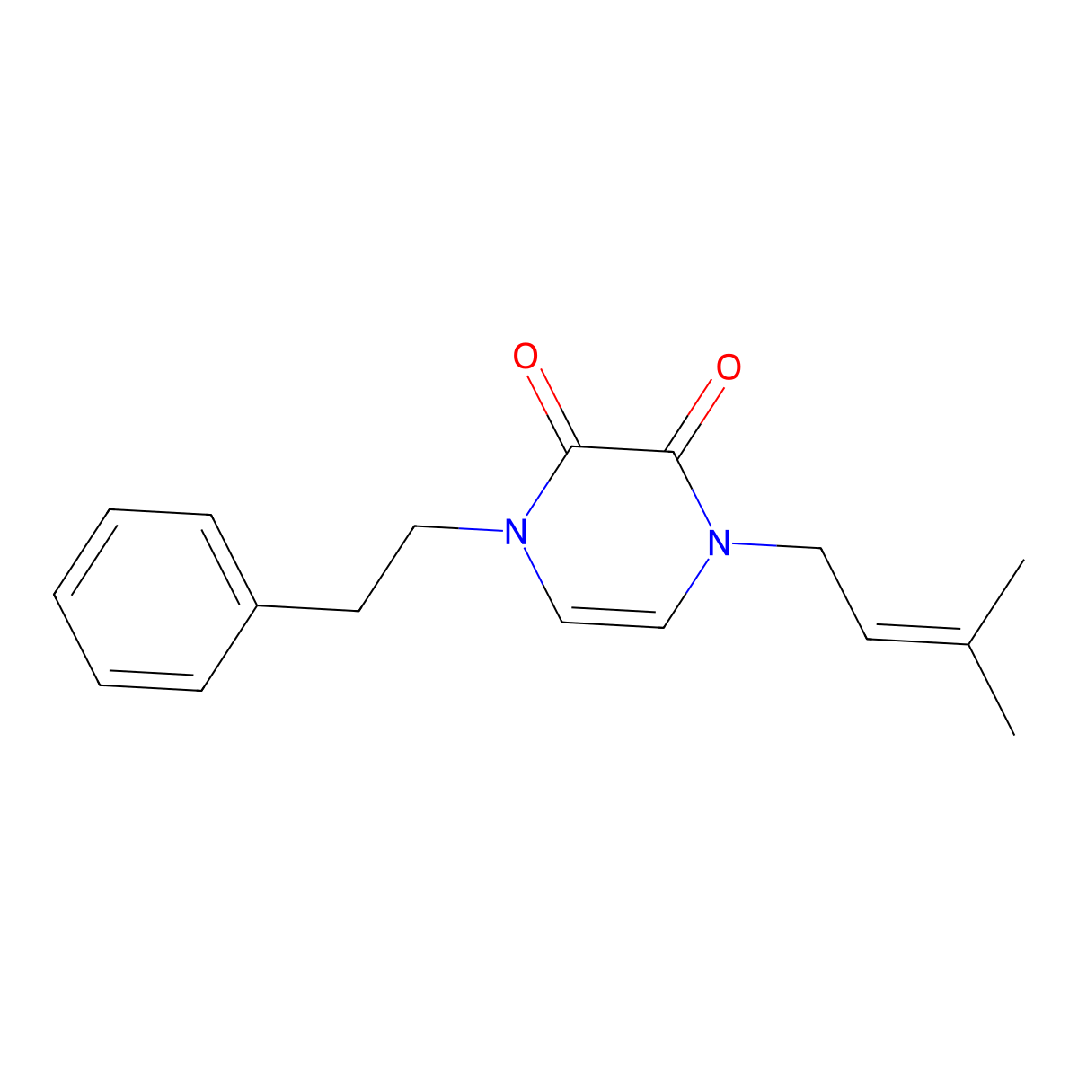 1-(3-Methylbut-2-en-1-yl)-4-(2-phenylethyl)-1,2,3,4-tetrahydropyrazine-2,3-dione molecular structure, CAS 2770590-50-4