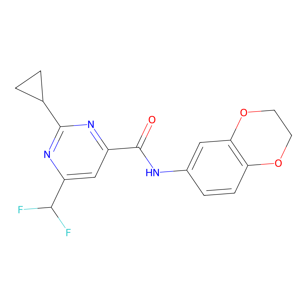 2-cyclopropyl-6-(difluoromethyl)-N-(2,3-dihydro-1,4-benzodioxin-6-yl)pyrimidine-4-carboxamide molecular structure, CAS 2770590-52-6