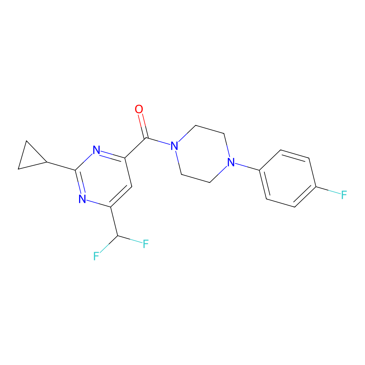 2-Cyclopropyl-4-(difluoromethyl)-6-[4-(4-fluorophenyl)piperazine-1-carbonyl]pyrimidine molecular structure, CAS 2770590-57-1