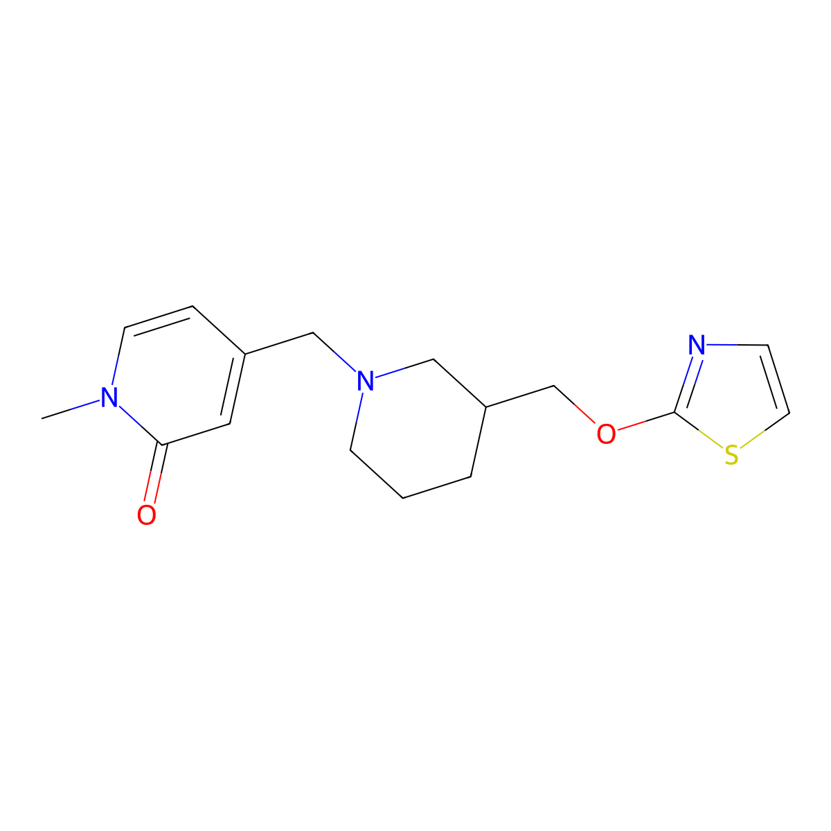 1-Methyl-4-({3-[(1,3-thiazol-2-yloxy)methyl]piperidin-1-yl}methyl)-1,2-dihydropyridin-2-one molecular structure, CAS 2770590-59-3
