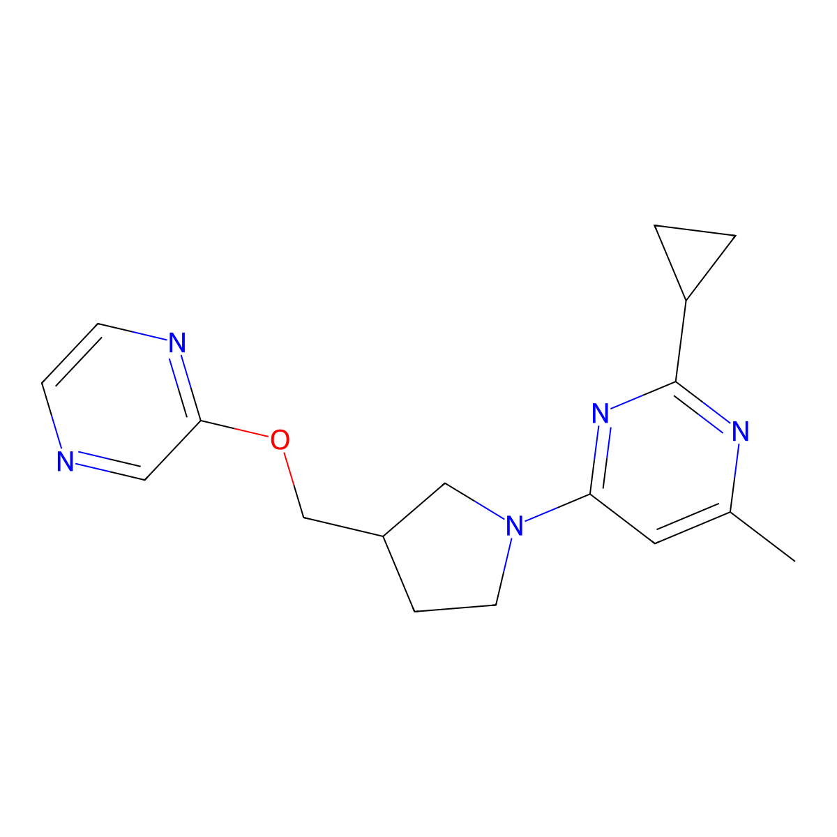 2-Cyclopropyl-4-methyl-6-{3-[(pyrazin-2-yloxy)methyl]pyrrolidin-1-yl}pyrimidine molecular structure, CAS 2770590-64-0