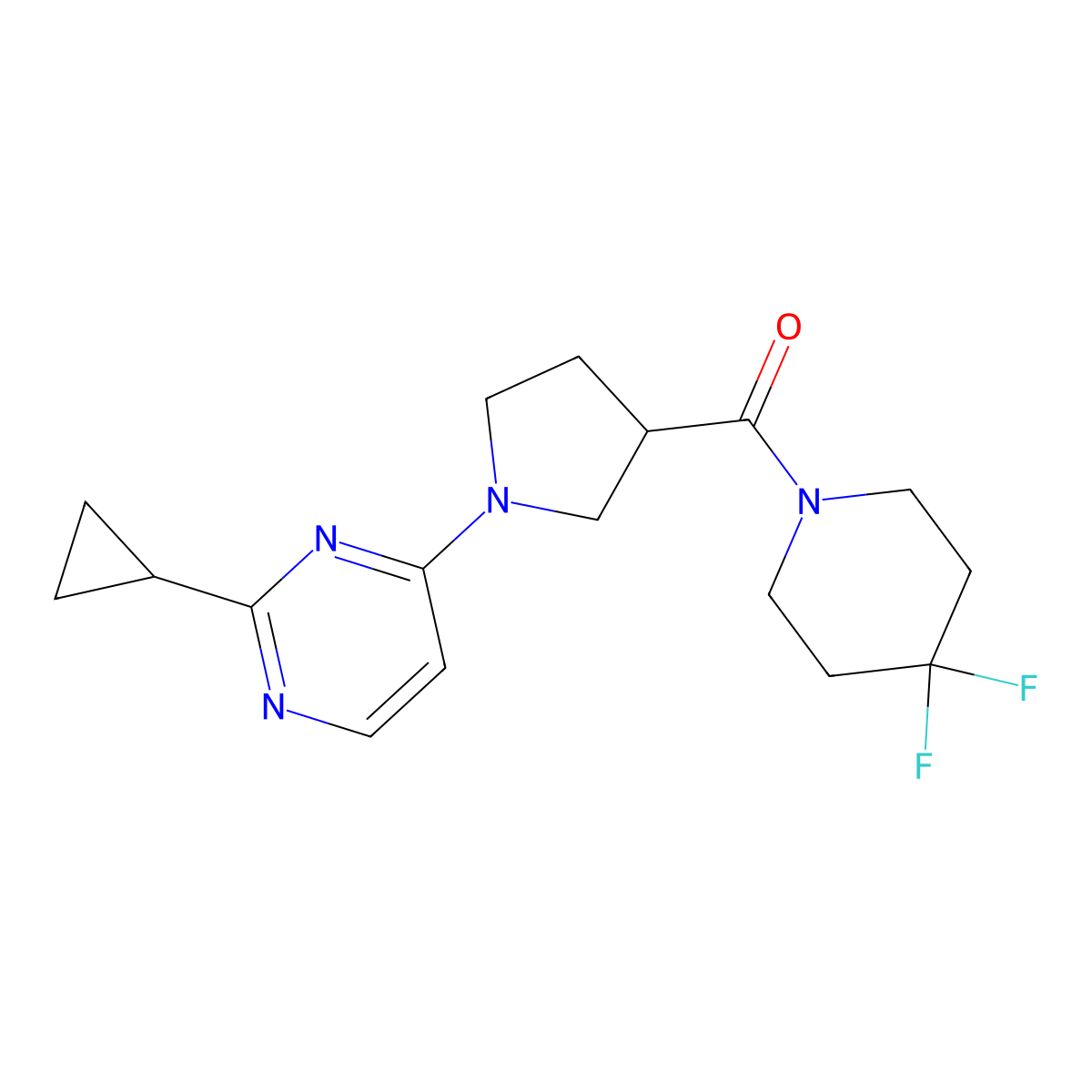 2-Cyclopropyl-4-[3-(4,4-difluoropiperidine-1-carbonyl)pyrrolidin-1-yl]pyrimidine molecular structure, CAS 2770590-72-0