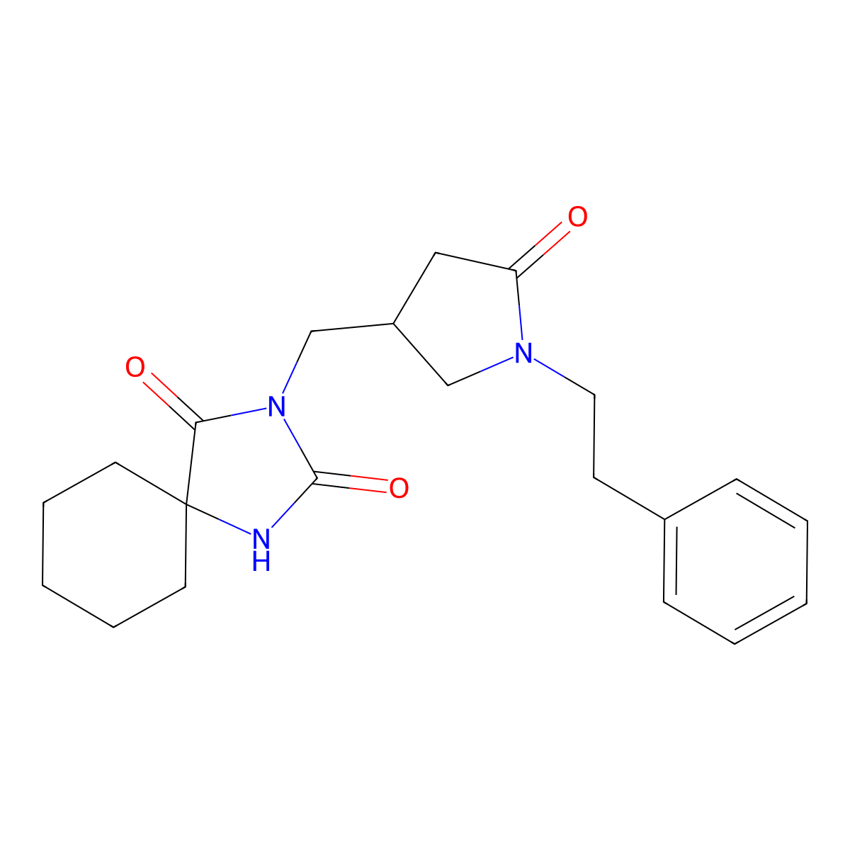 3-{[5-Oxo-1-(2-phenylethyl)pyrrolidin-3-yl]methyl}-1,3-diazaspiro[4.5]decane-2,4-dione molecular structure, CAS 2770590-74-2