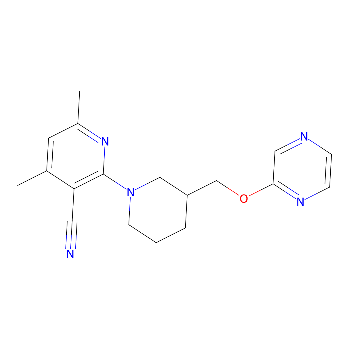 4,6-Dimethyl-2-{3-[(pyrazin-2-yloxy)methyl]piperidin-1-yl}pyridine-3-carbonitrile molecular structure, CAS 2770590-75-3