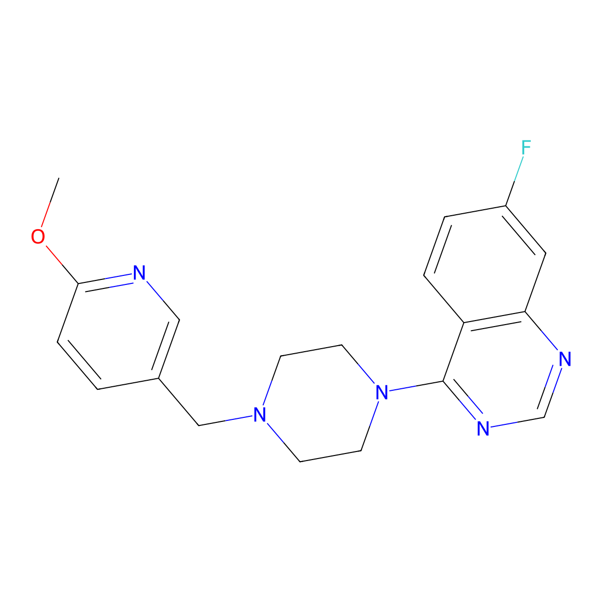 7-Fluoro-4-{4-[(6-methoxypyridin-3-yl)methyl]piperazin-1-yl}quinazoline molecular structure, CAS 2770590-81-1