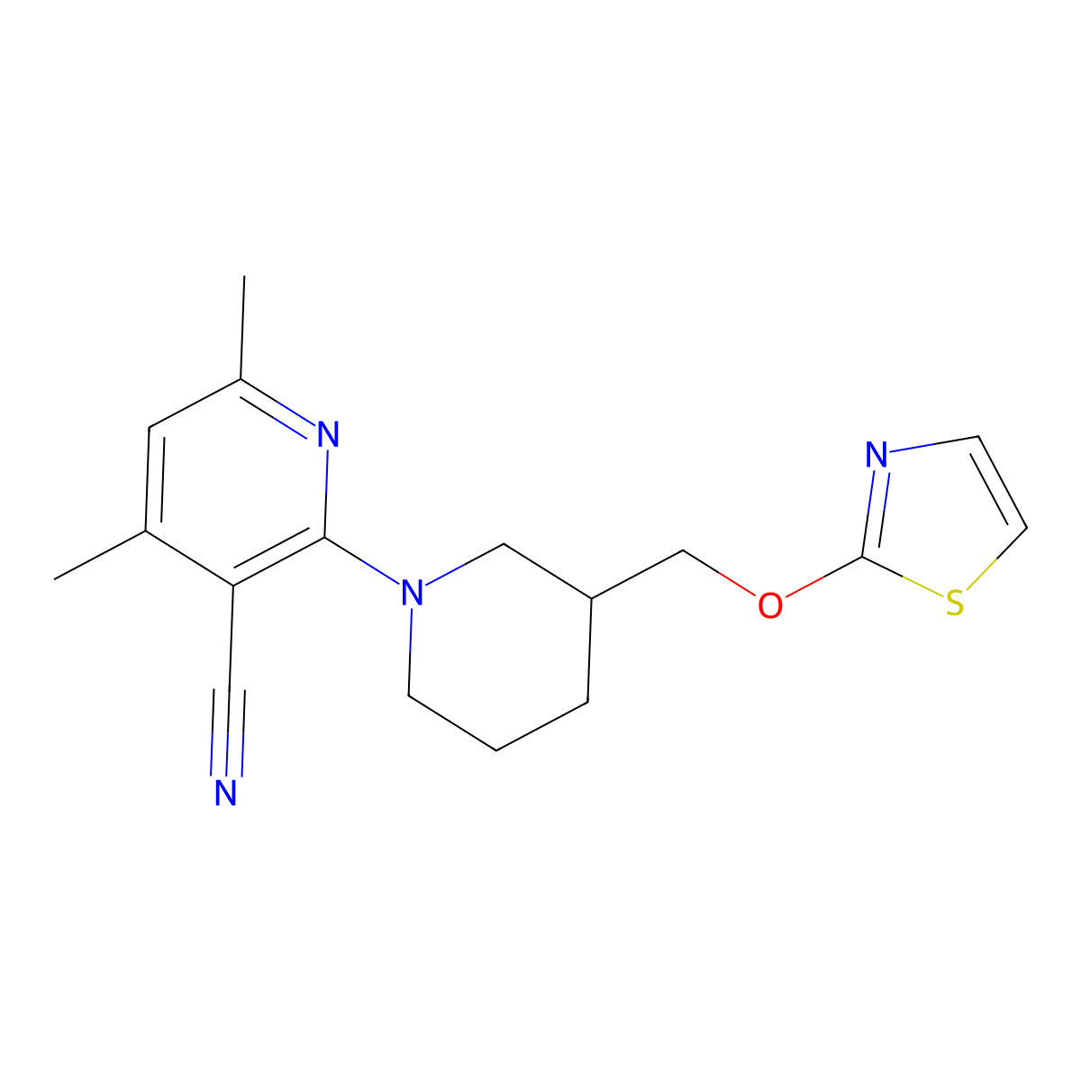 4,6-Dimethyl-2-{3-[(1,3-thiazol-2-yloxy)methyl]piperidin-1-yl}pyridine-3-carbonitrile molecular structure, CAS 2770590-88-8