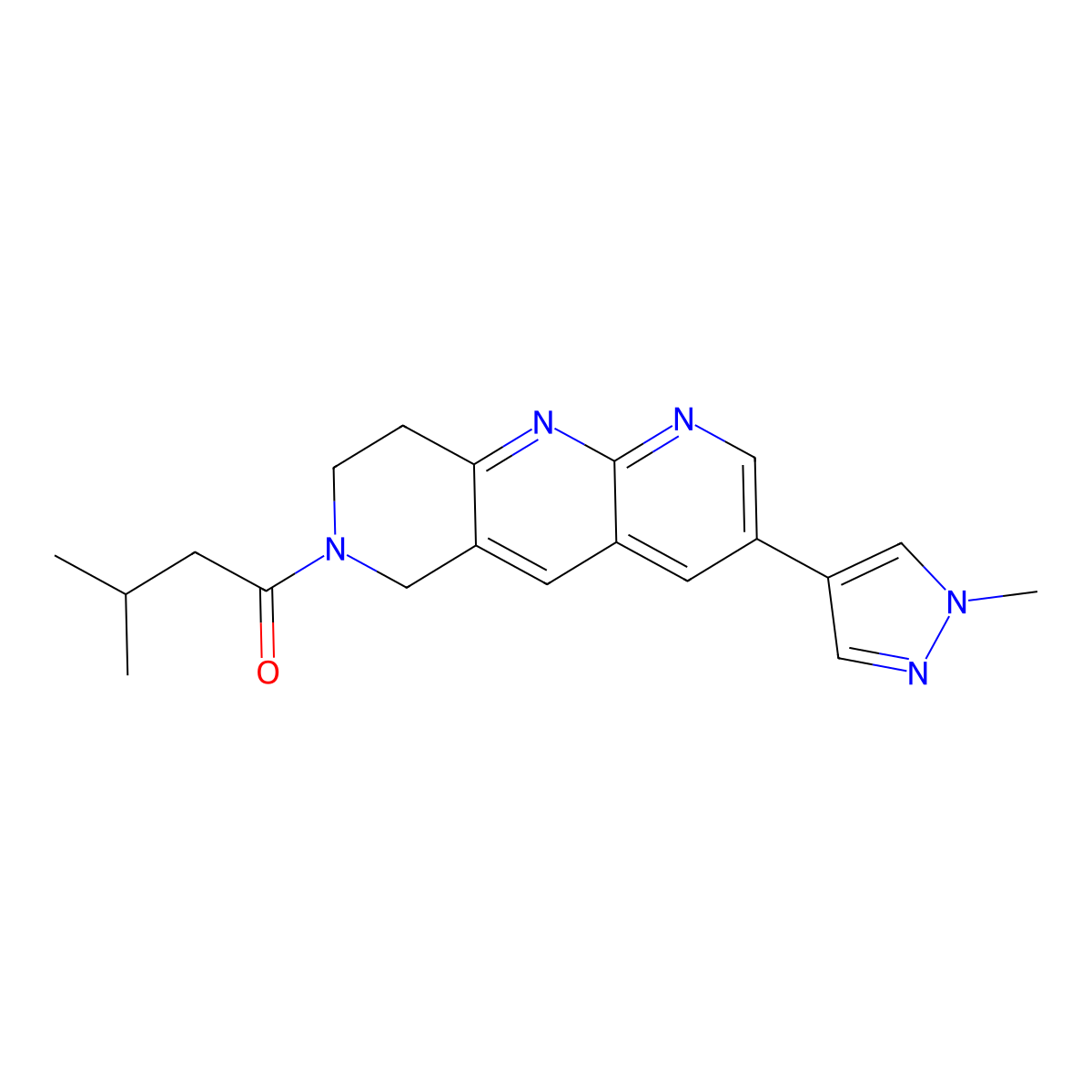 3-methyl-1-[3-(1-methyl-1H-pyrazol-4-yl)-6H,7H,8H,9H-pyrido[2,3-b]1,6-naphthyridin-7-yl]butan-1-one molecular structure, CAS 2770590-89-9
