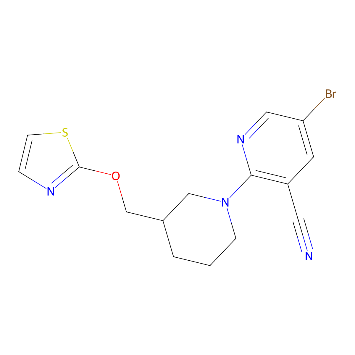 5-Bromo-2-{3-[(1,3-thiazol-2-yloxy)methyl]piperidin-1-yl}pyridine-3-carbonitrile molecular structure, CAS 2770591-00-7