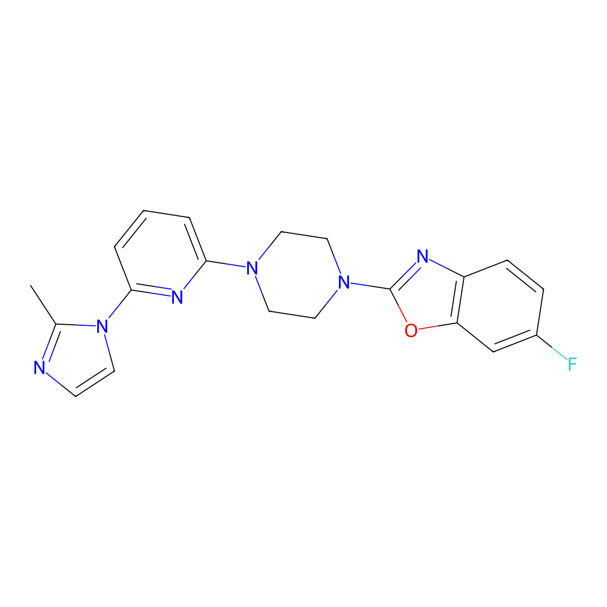6-fluoro-2-{4-[6-(2-methyl-1H-imidazol-1-yl)pyridin-2-yl]piperazin-1-yl}-1,3-benzoxazole molecular structure, CAS 2770591-01-8