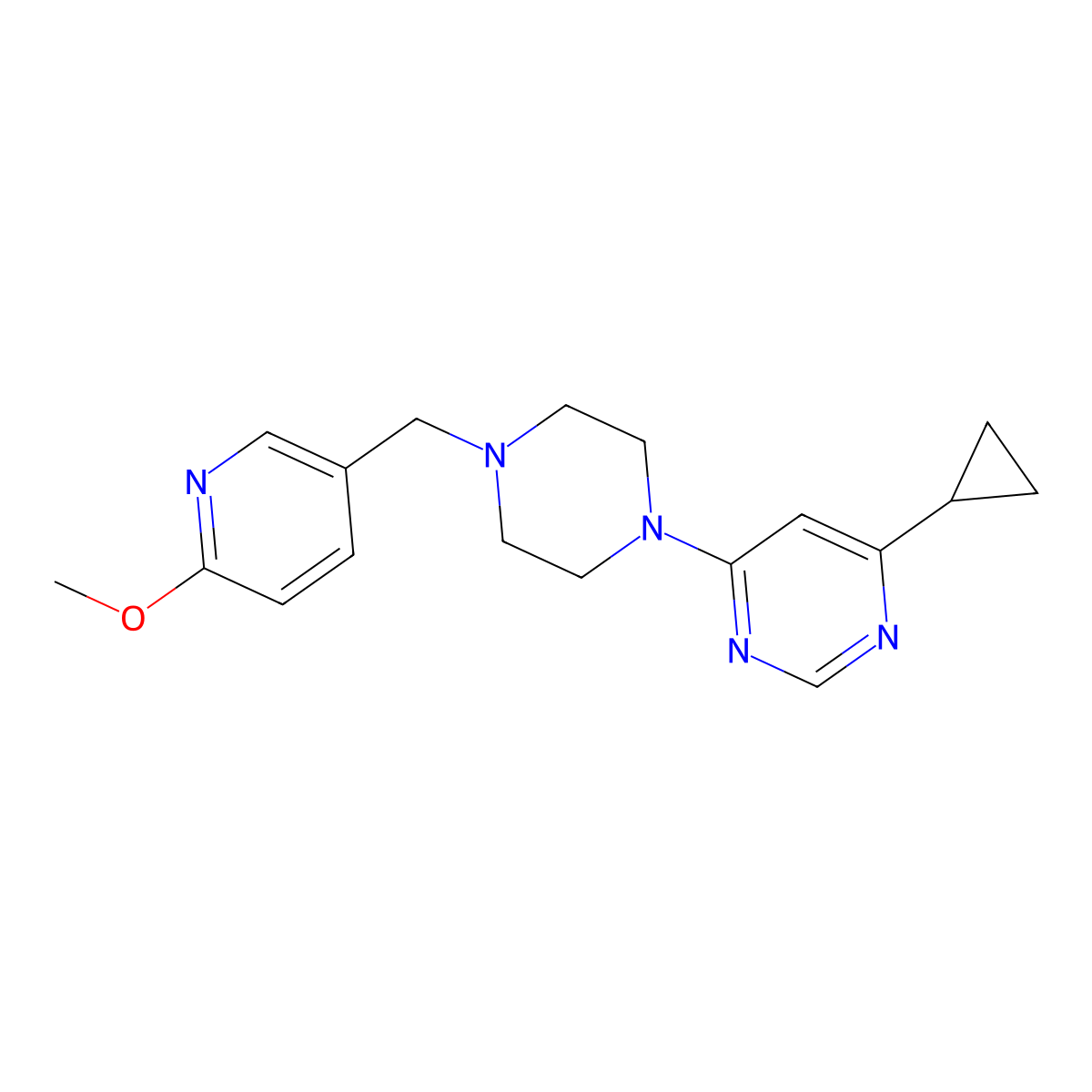 4-Cyclopropyl-6-{4-[(6-methoxypyridin-3-yl)methyl]piperazin-1-yl}pyrimidine molecular structure, CAS 2770591-04-1