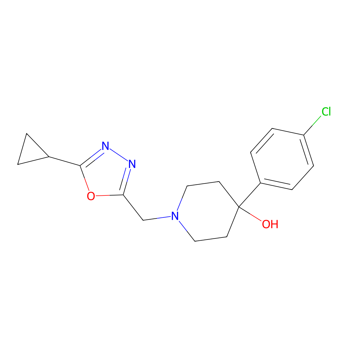 4-(4-Chlorophenyl)-1-[(5-cyclopropyl-1,3,4-oxadiazol-2-yl)methyl]piperidin-4-ol molecular structure, CAS 2770591-18-7