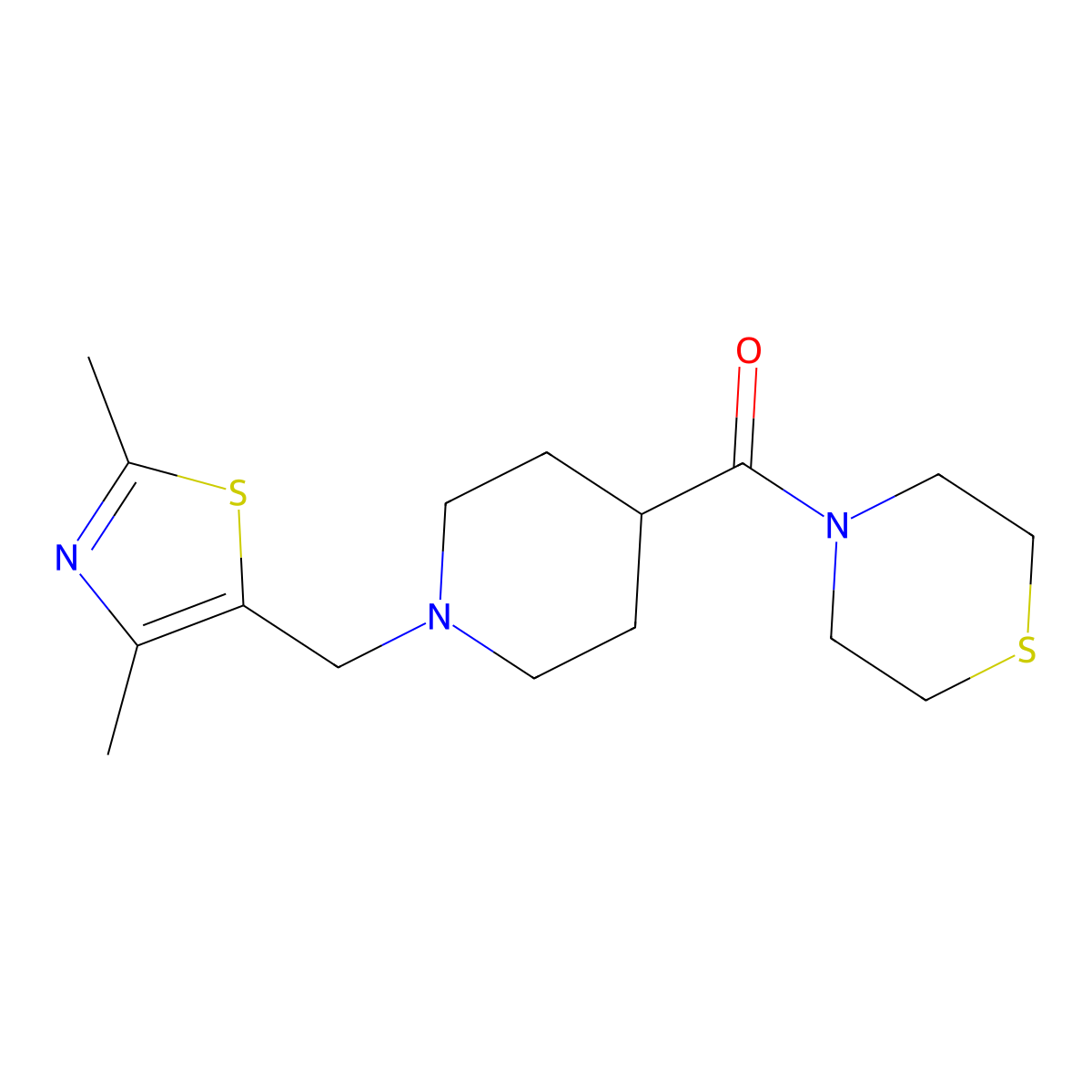 4-{1-[(2,4-Dimethyl-1,3-thiazol-5-yl)methyl]piperidine-4-carbonyl}thiomorpholine molecular structure, CAS 2770591-34-7