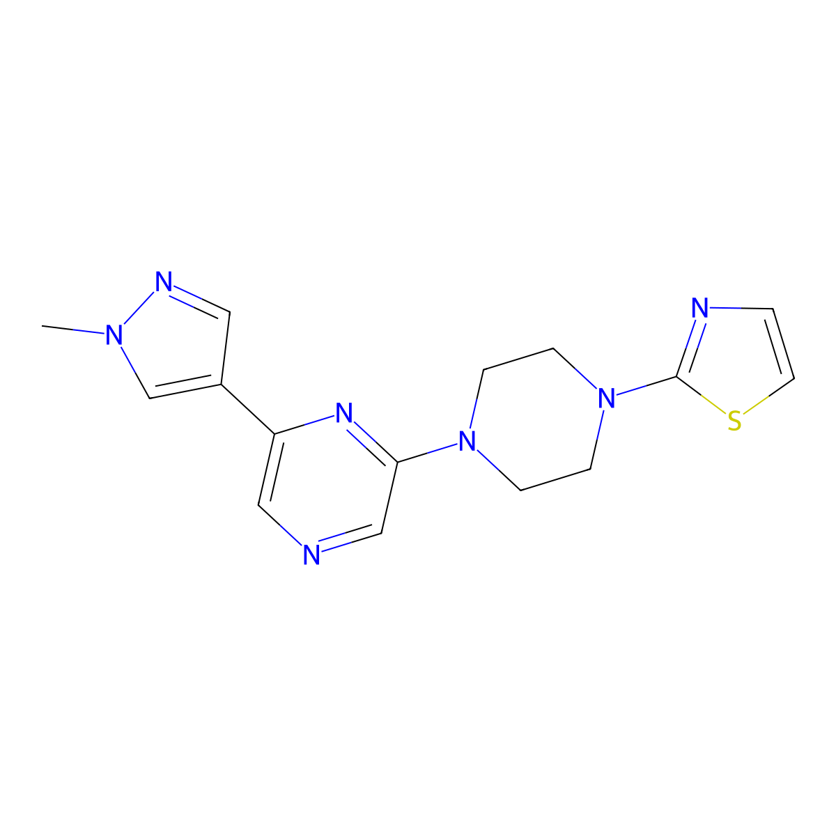 2-(1-methyl-1H-pyrazol-4-yl)-6-[4-(1,3-thiazol-2-yl)piperazin-1-yl]pyrazine molecular structure, CAS 2770591-39-2