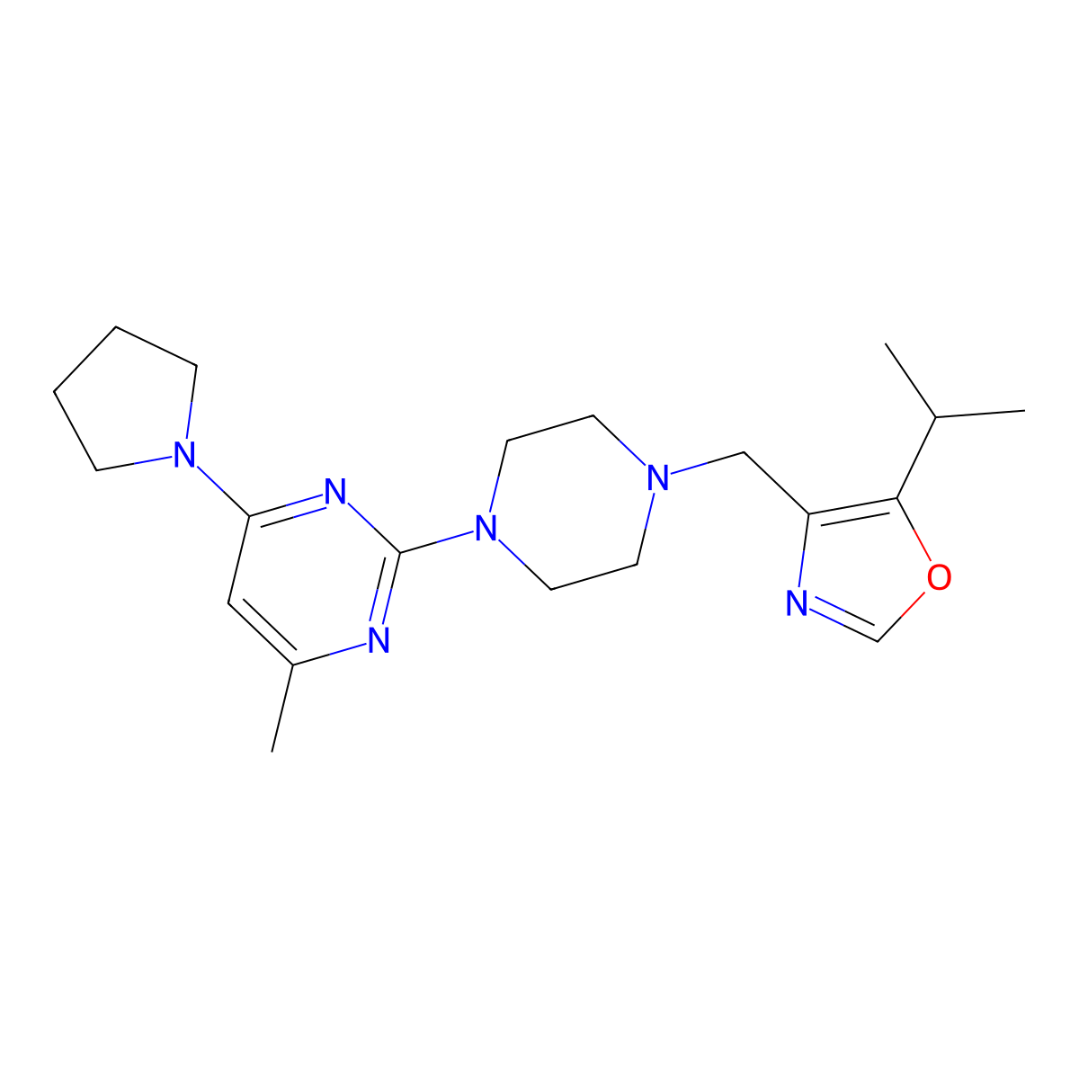 4-Methyl-2-(4-{[5-(propan-2-yl)-1,3-oxazol-4-yl]methyl}piperazin-1-yl)-6-(pyrrolidin-1-yl)pyrimidine molecular structure, CAS 2770591-41-6