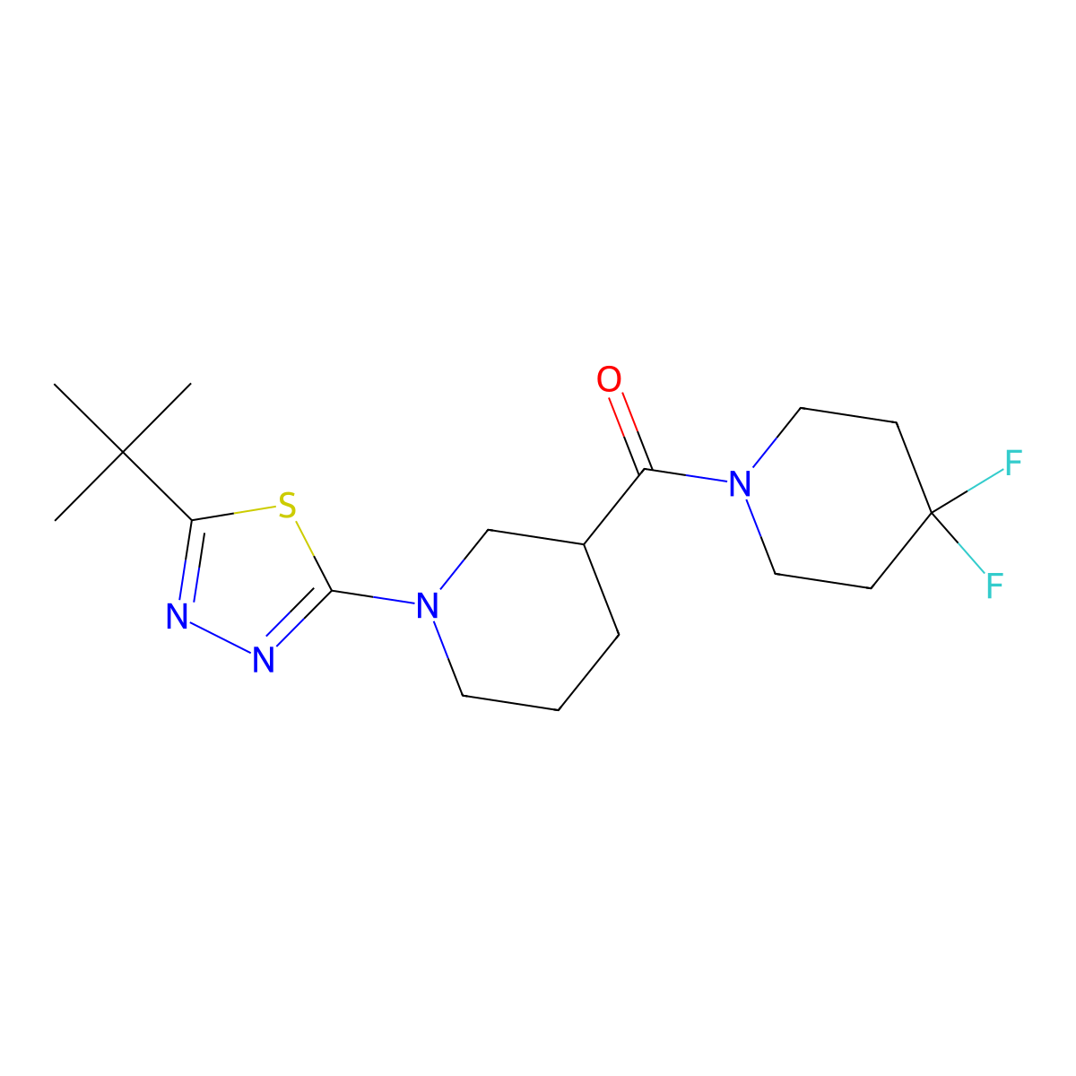 1-(5-Tert-butyl-1,3,4-thiadiazol-2-yl)-3-(4,4-difluoropiperidine-1-carbonyl)piperidine molecular structure, CAS 2770591-42-7