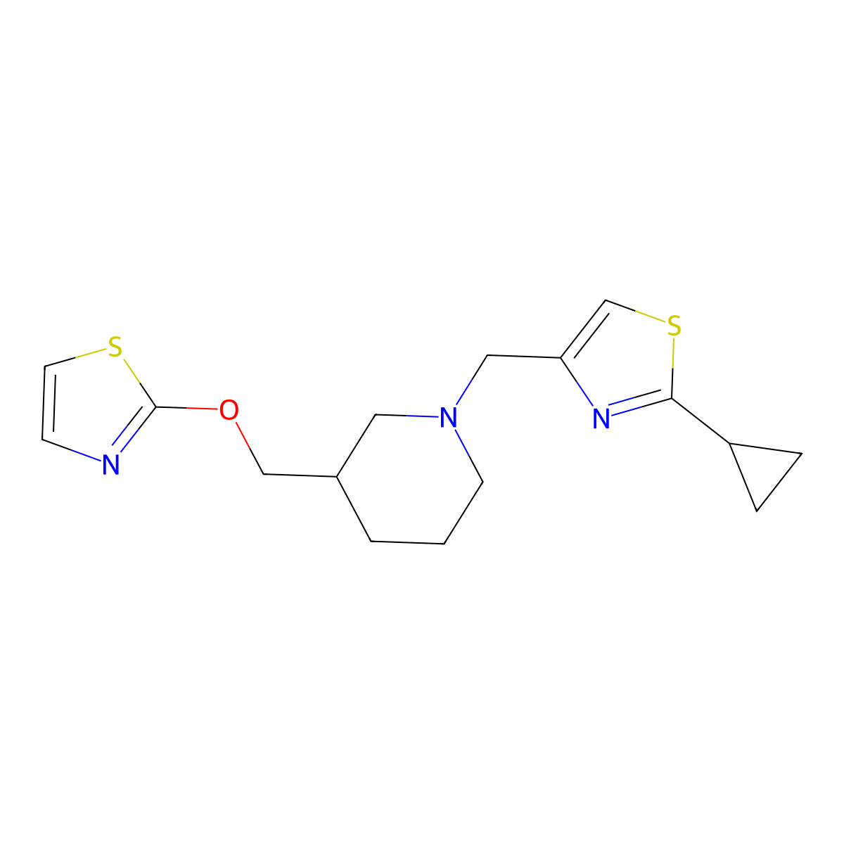 1-[(2-Cyclopropyl-1,3-thiazol-4-yl)methyl]-3-[(1,3-thiazol-2-yloxy)methyl]piperidine molecular structure, CAS 2770591-43-8