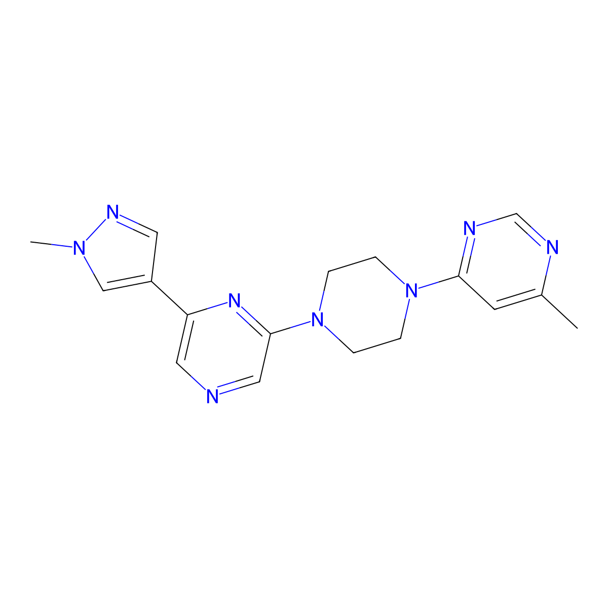 2-(1-methyl-1H-pyrazol-4-yl)-6-[4-(6-methylpyrimidin-4-yl)piperazin-1-yl]pyrazine molecular structure, CAS 2770591-53-0