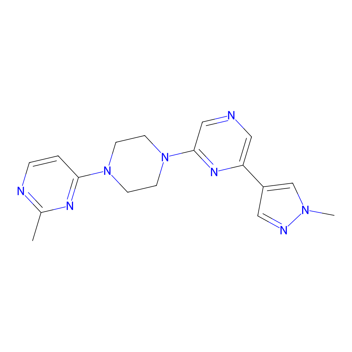 2-(1-methyl-1H-pyrazol-4-yl)-6-[4-(2-methylpyrimidin-4-yl)piperazin-1-yl]pyrazine molecular structure, CAS 2770591-54-1