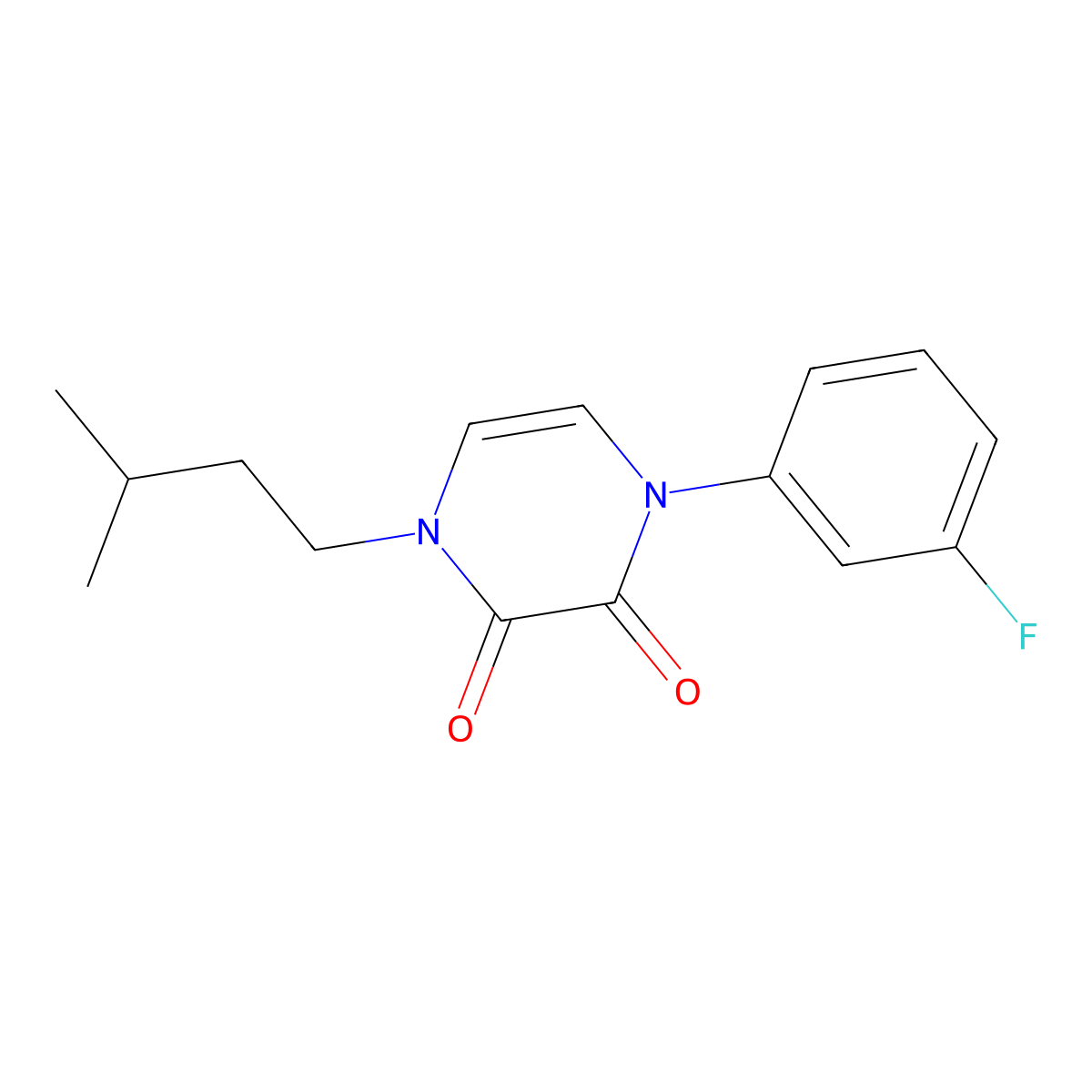 1-(3-Fluorophenyl)-4-(3-methylbutyl)-1,2,3,4-tetrahydropyrazine-2,3-dione molecular structure, CAS 2770591-68-7