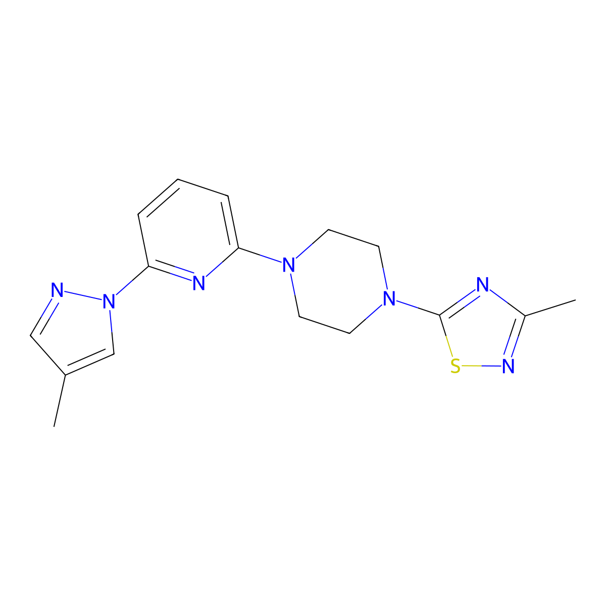 1-(3-methyl-1,2,4-thiadiazol-5-yl)-4-[6-(4-methyl-1H-pyrazol-1-yl)pyridin-2-yl]piperazine molecular structure, CAS 2770591-72-3