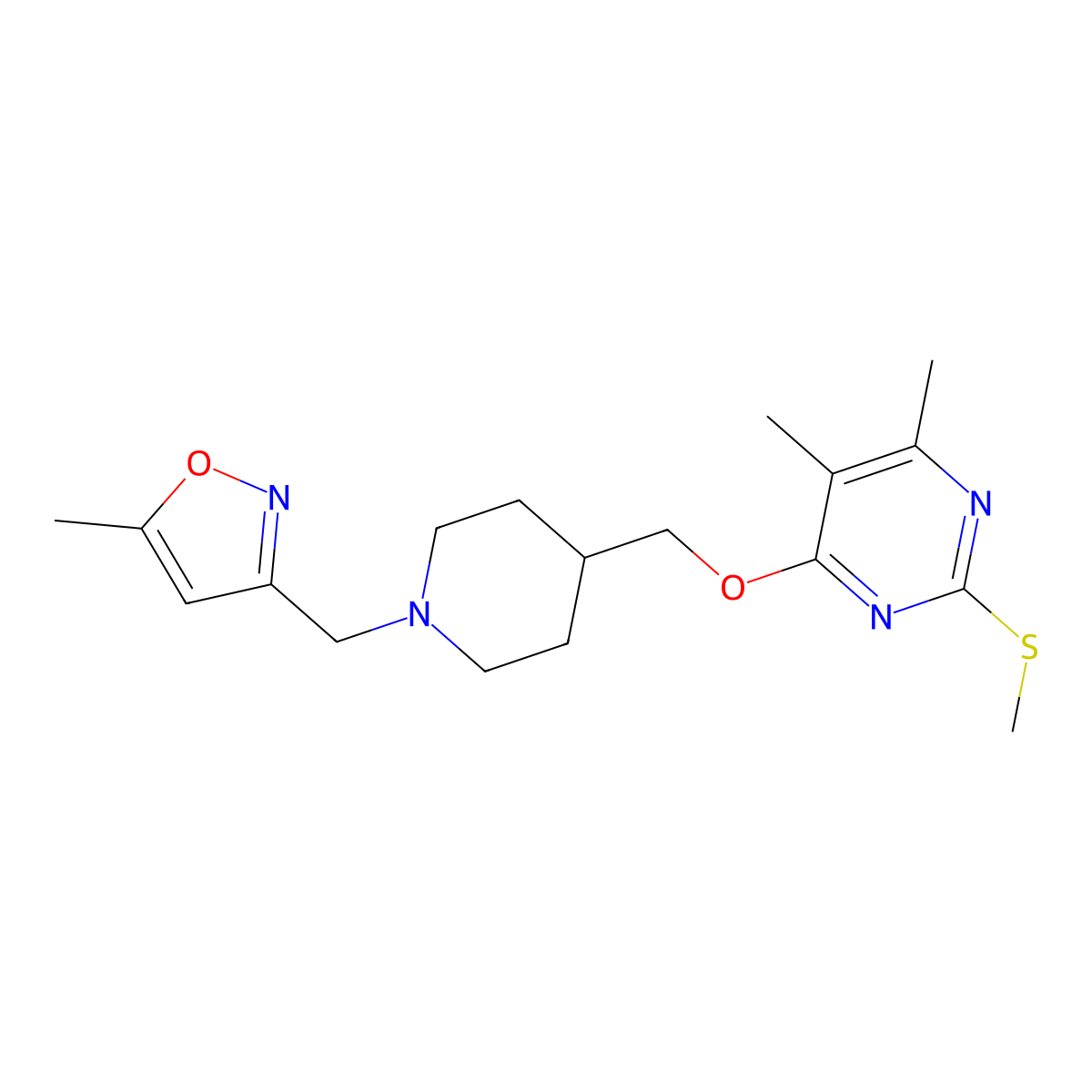 4,5-Dimethyl-6-({1-[(5-methyl-1,2-oxazol-3-yl)methyl]piperidin-4-yl}methoxy)-2-(methylsulfanyl)pyrimidine molecular structure, CAS 2770591-74-5