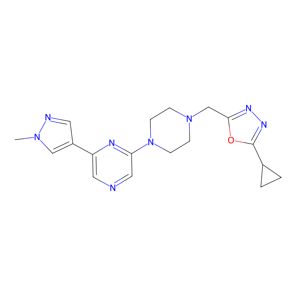2-{4-[(5-cyclopropyl-1,3,4-oxadiazol-2-yl)methyl]piperazin-1-yl}-6-(1-methyl-1H-pyrazol-4-yl)pyrazine molecular structure, CAS 2770591-80-3