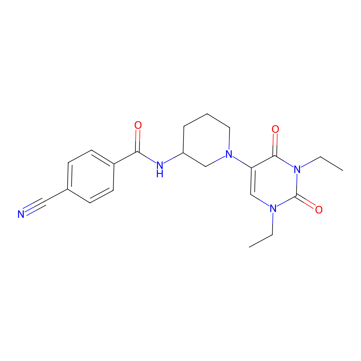 4-cyano-N-[1-(1,3-diethyl-2,4-dioxo-1,2,3,4-tetrahydropyrimidin-5-yl)piperidin-3-yl]benzamide molecular structure, CAS 2770591-81-4